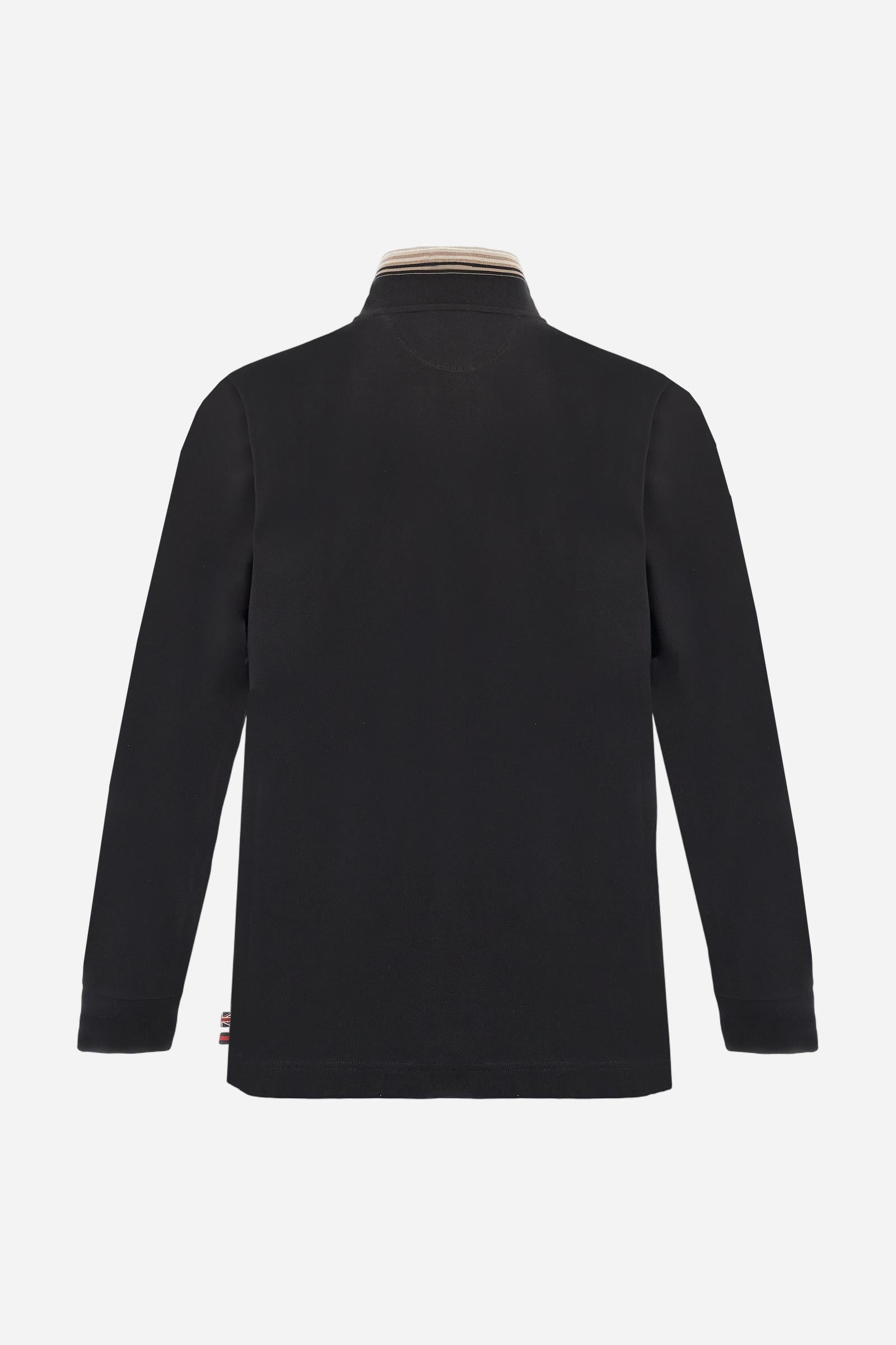 Long-sleeve polo shirt in warm cotton jersey. Ribbed collar with multicolor stripes, contrast inner collar, and two-button placket. Brand logo and Guards crest embroidered in contrast on the chest. Regular fit for a comfortable, versatile silhouette. Model wears size L. - Black