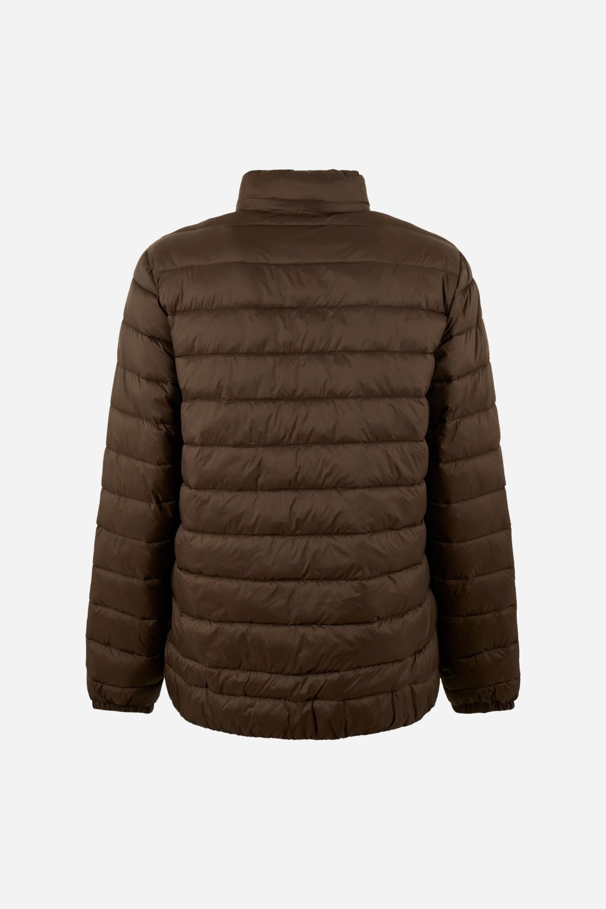 Short men's down jacket with quilted padding for warmth, nylon shell, zippered pockets, elastic cuffs, integrated hood, and a relaxed, comfortable fit. - Hot Fudge
