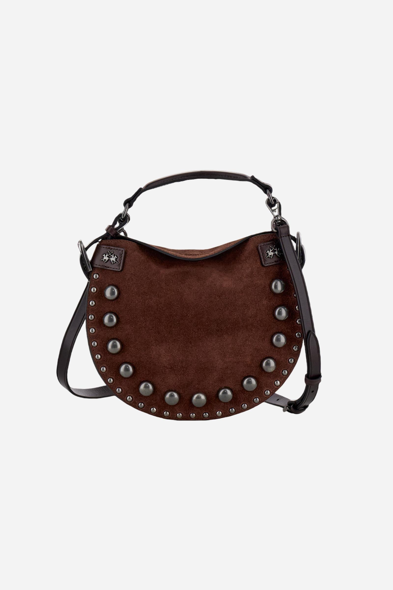 Small suede crescent bag with contrasting leather handles and strap, enhanced with small decorative studs. - D.BROWN/D.CHOCOLATE