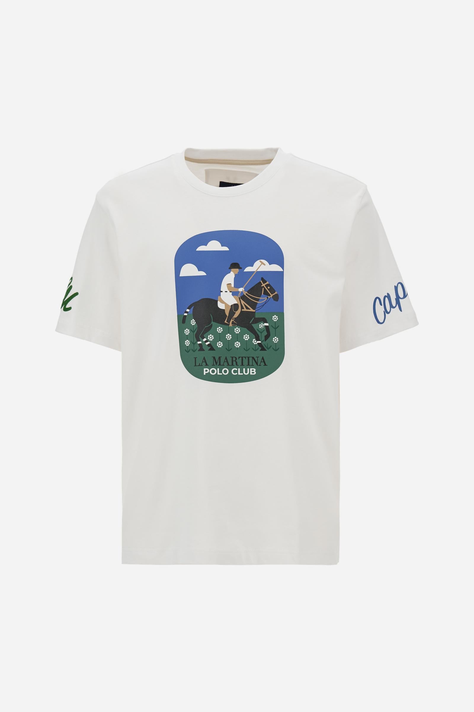 Men’s cotton jersey T-shirt with contemporary fit and Capri Edition printed graphic. Bold logo and contrast monogram. - Optic White
