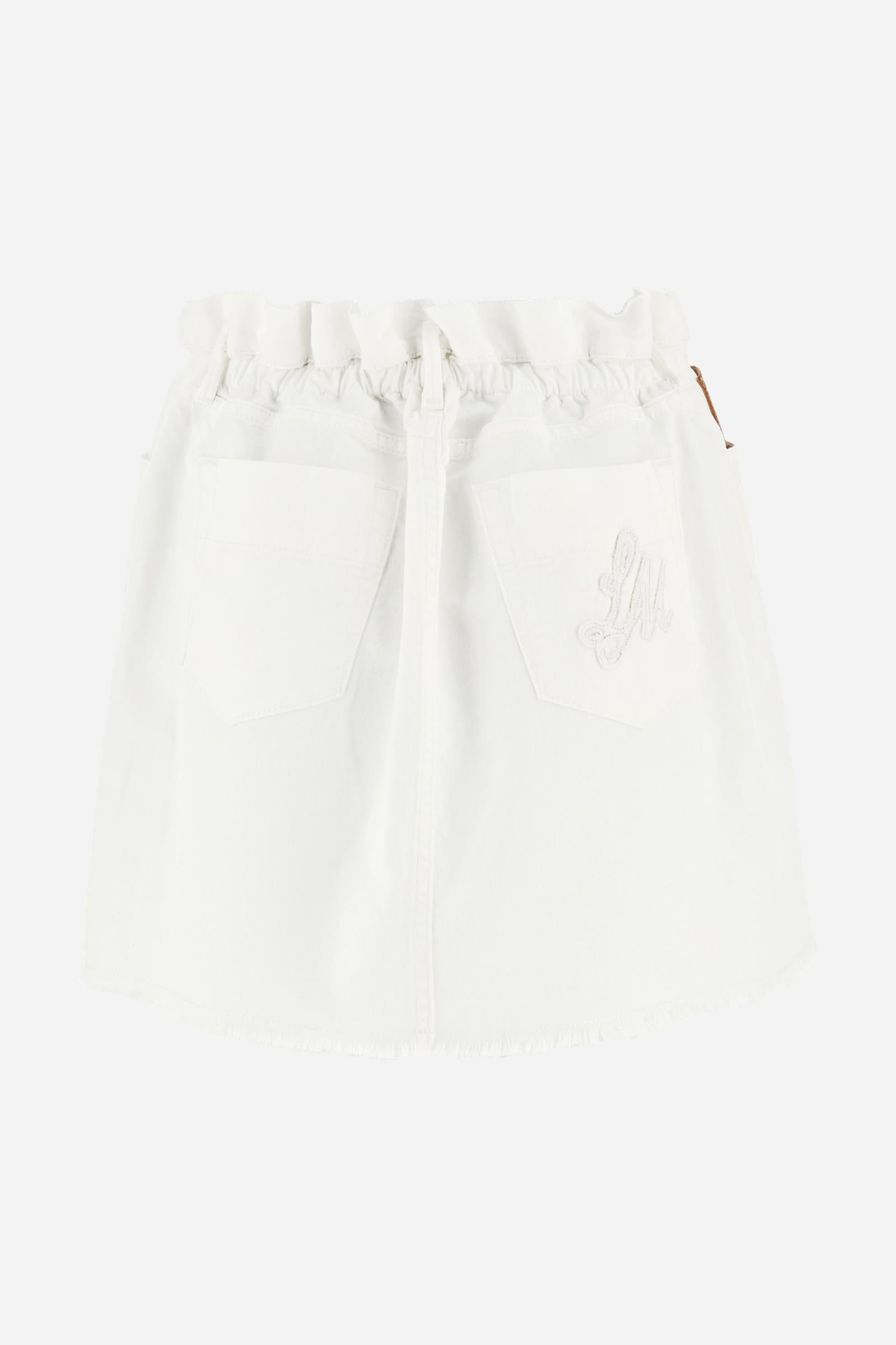 Denim mini skirt in cotton and linen. Classic five-pocket style with front fastening and gathered elastic drawstring waist, enriched with brand monogram on the back pocket and personalised leather patch. - Off White                                                                                                                                                                                                                                                                                                         
