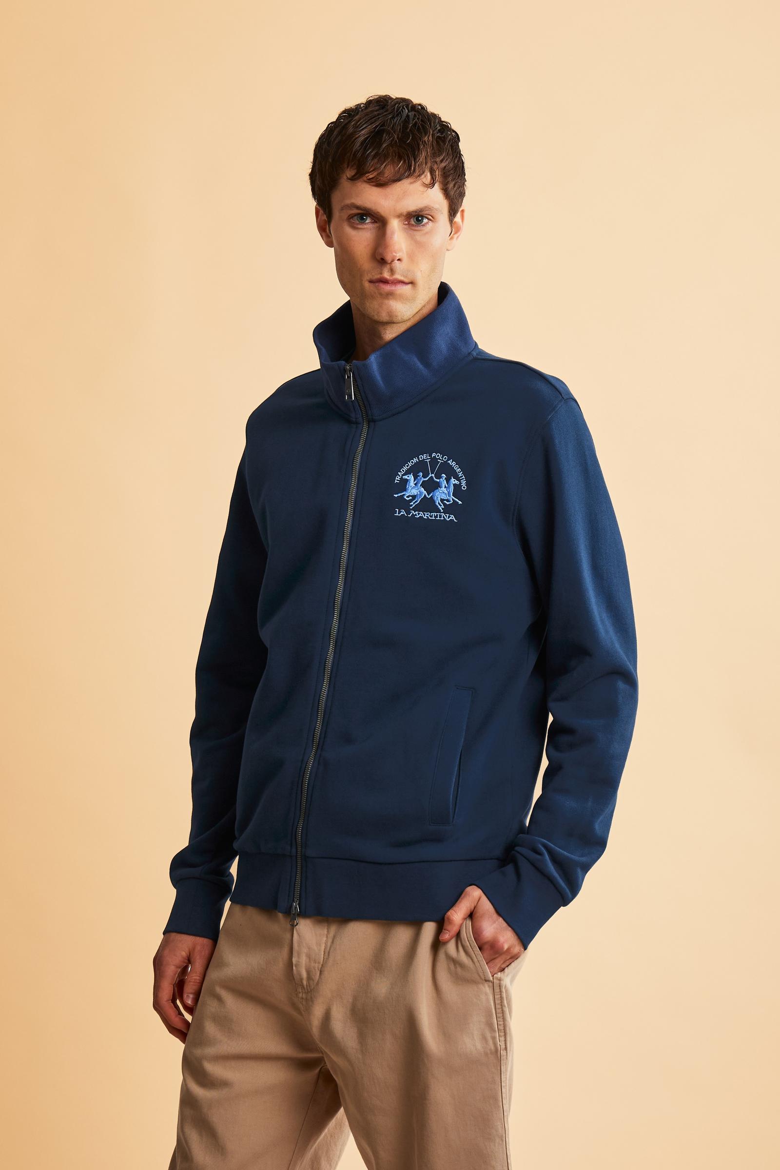 Men’s cotton sweatshirt with regular fit and full front opening, Iconic patch on the sleeve and embroidered team logo on the chest. - Navy
