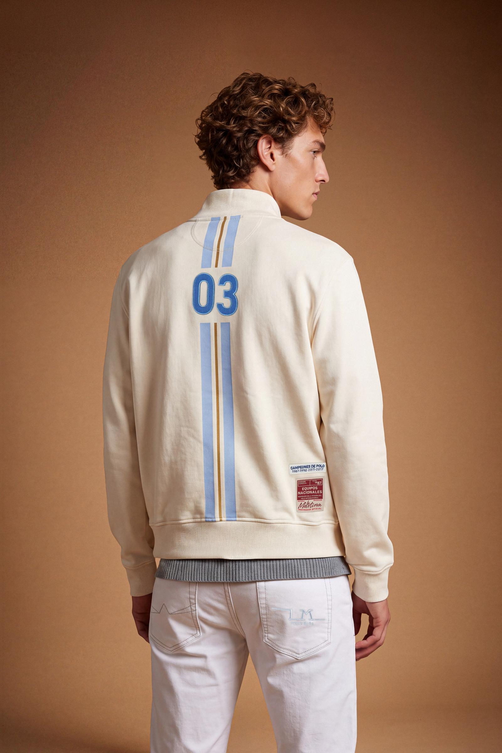 Men's long-sleeve sweatshirt in brushed cotton fleece with high collar, double-slider zipper, ribbed cuffs, embroidered Argentina Polo Team graphic, and side pockets. - Pristine