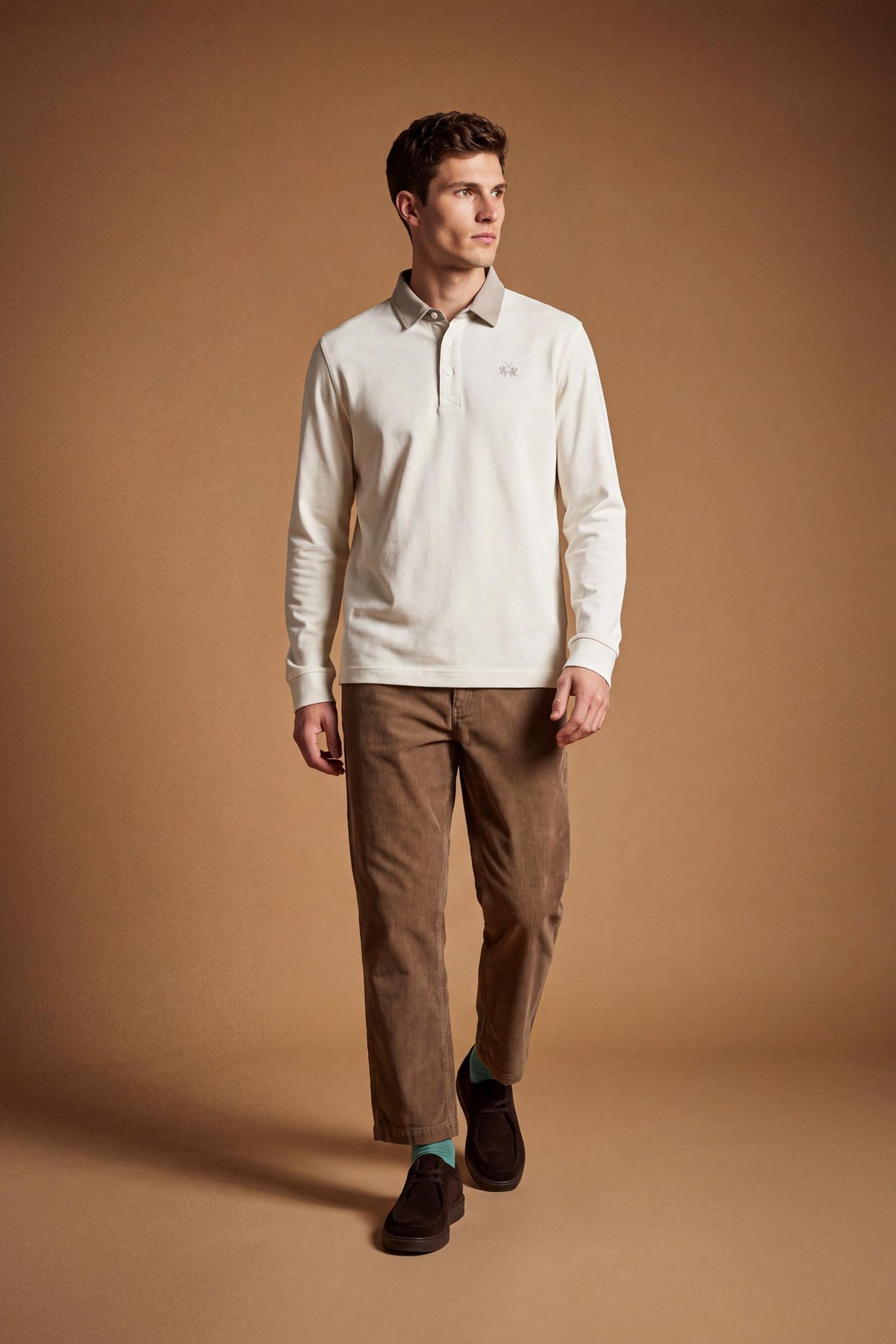 Polo homme manches longues en jersey de coton épais avec col contrastant - Duke