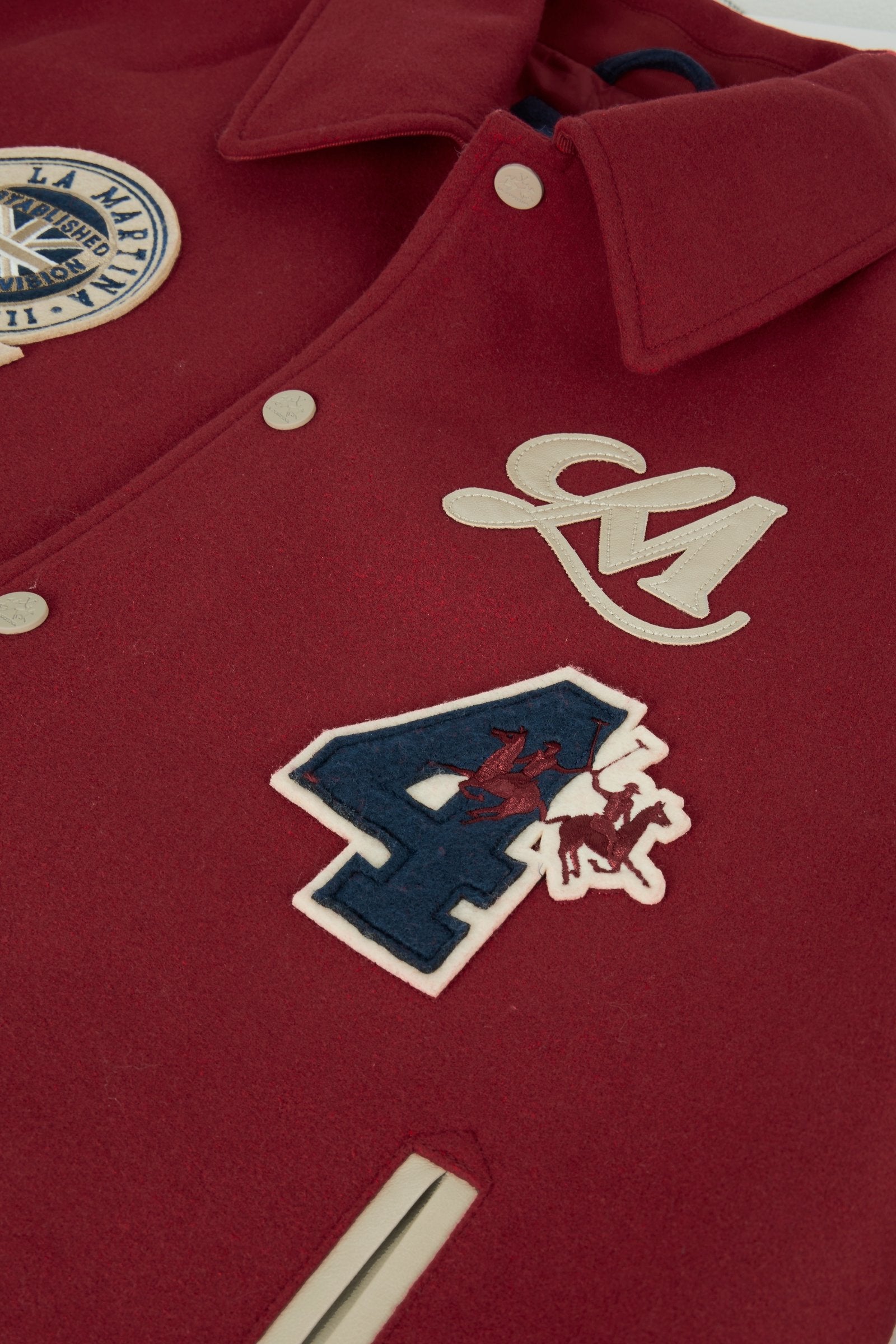 Men's long-sleeve varsity jacket with wool felt body, contrasting faux leather sleeves, ribbed trims, padded lining, chenille patches, and embroidered logo for classic style. - Red Dahlia/Sheer Bli