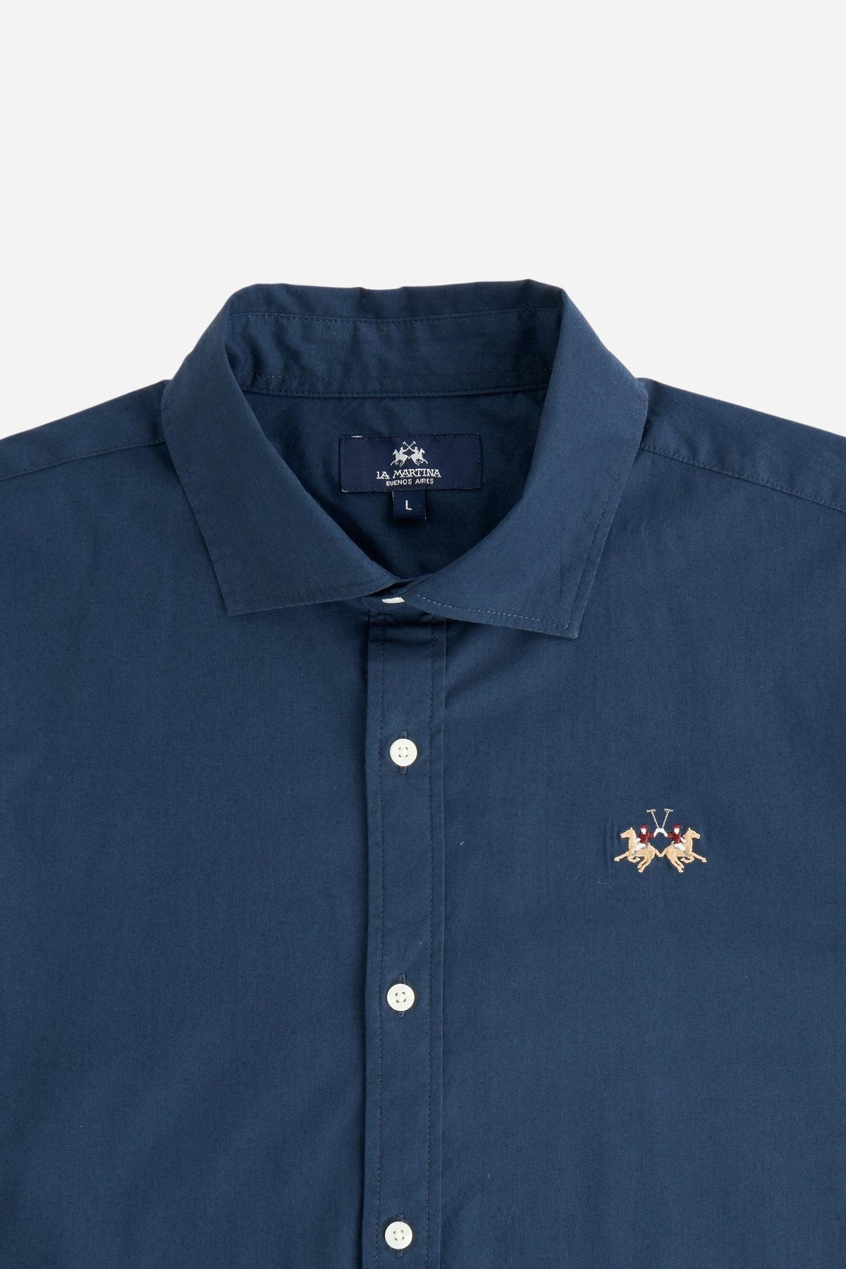 Men's long-sleeve 100% cotton poplin shirt with regular fit, French collar, custom buttons, single-button cuff, and Argentina Edition labels for a refined look. - Navy