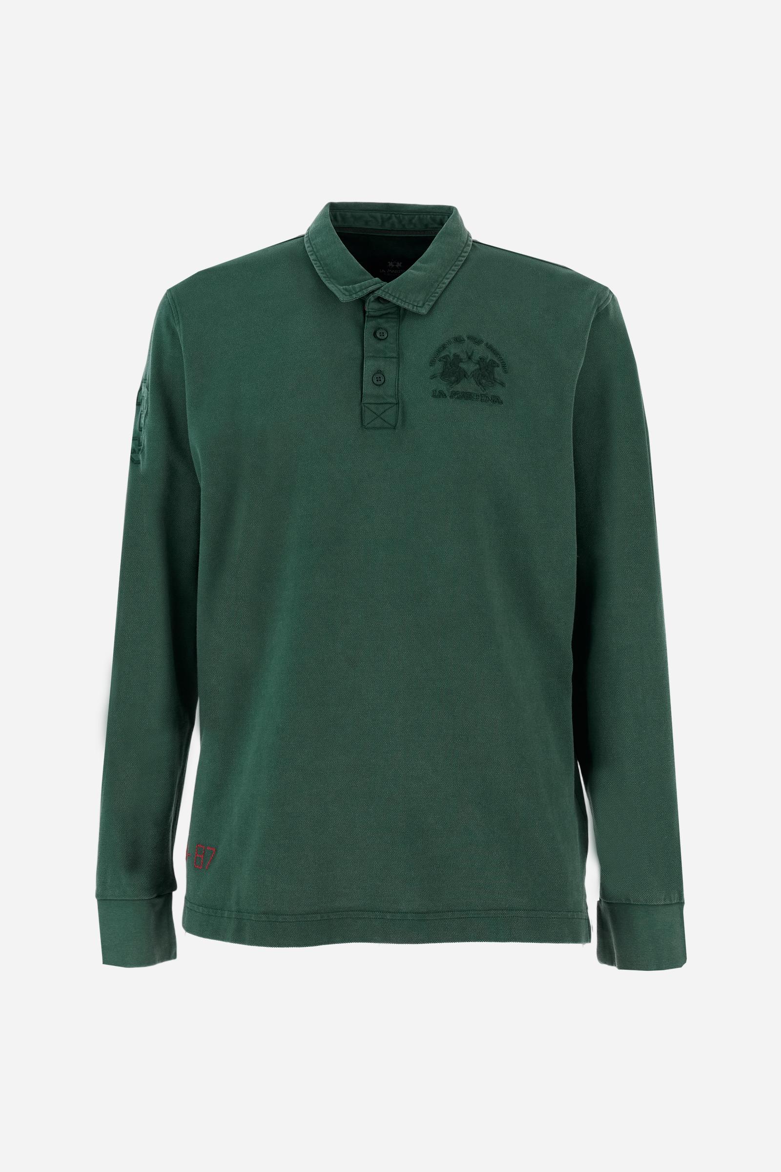 Men’s polo shirt in cotton piqué. Long sleeves, garment-dyed with pigments, tone-on-tone patches and embroidery. Regular fit. - Sycamore