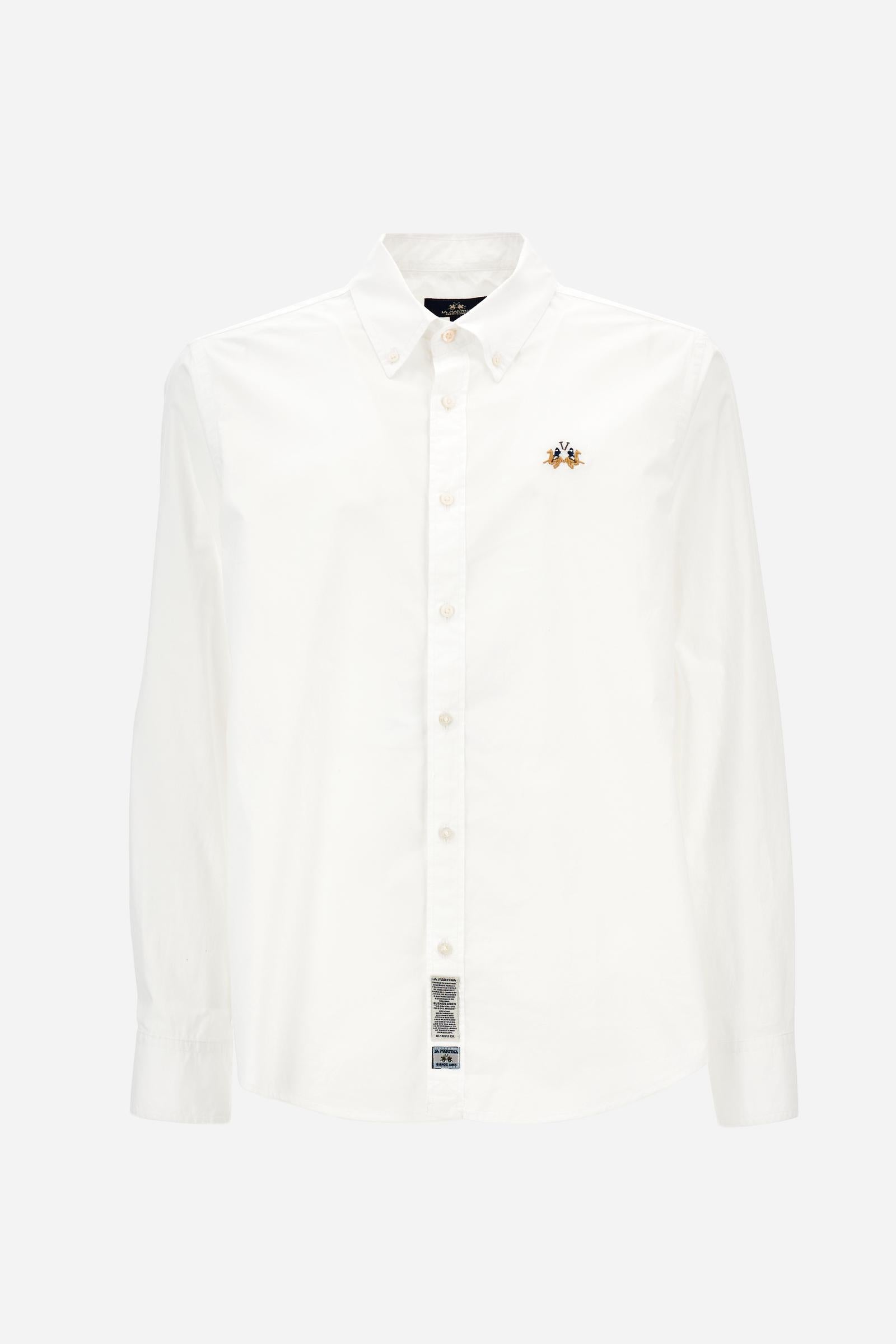 Men’s long-sleeve garment-dyed cotton poplin shirt. Regular fit with button-down collar and tricolor embroidered logo on the chest. - Optic White                                                                                                                                                                                                                                                                                                                                                                               