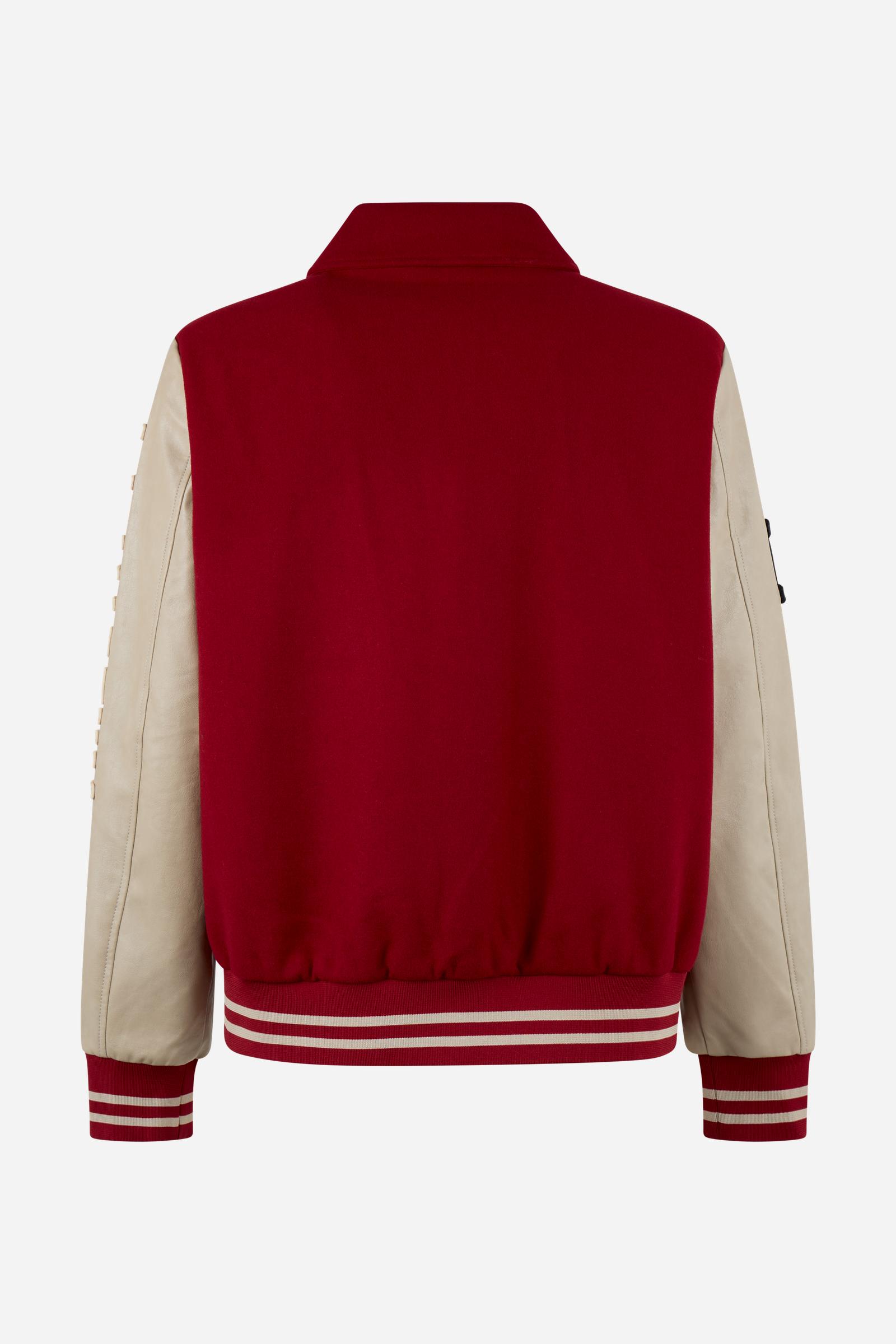 Men's long-sleeve varsity jacket with wool felt body, contrasting faux leather sleeves, ribbed trims, padded lining, chenille patches, and embroidered logo for classic style. - Red Dahlia/Sheer Bli