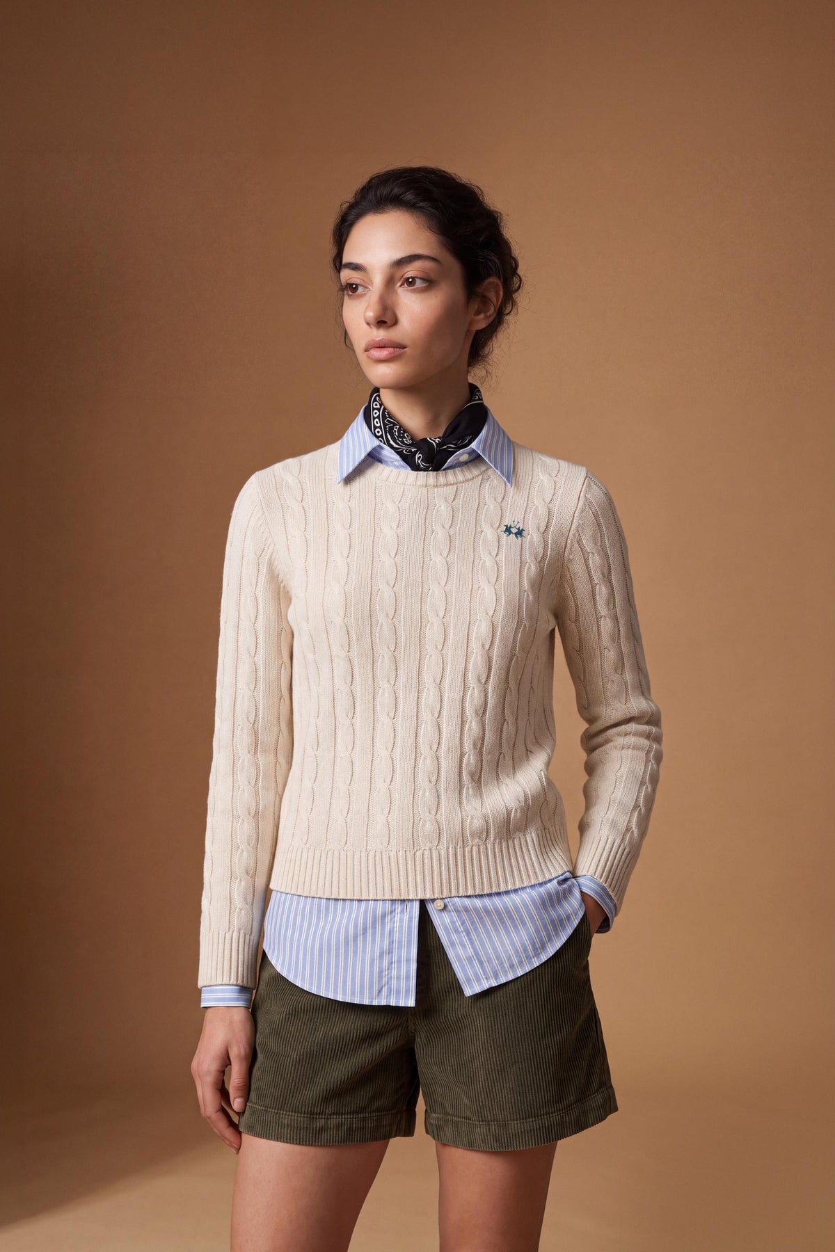 Women's long-sleeve crew neck sweater in wool-cashmere blend with classic cable knit, ribbed details, and a subtle embroidered logo for a refined, comfortable fit. - Antique White