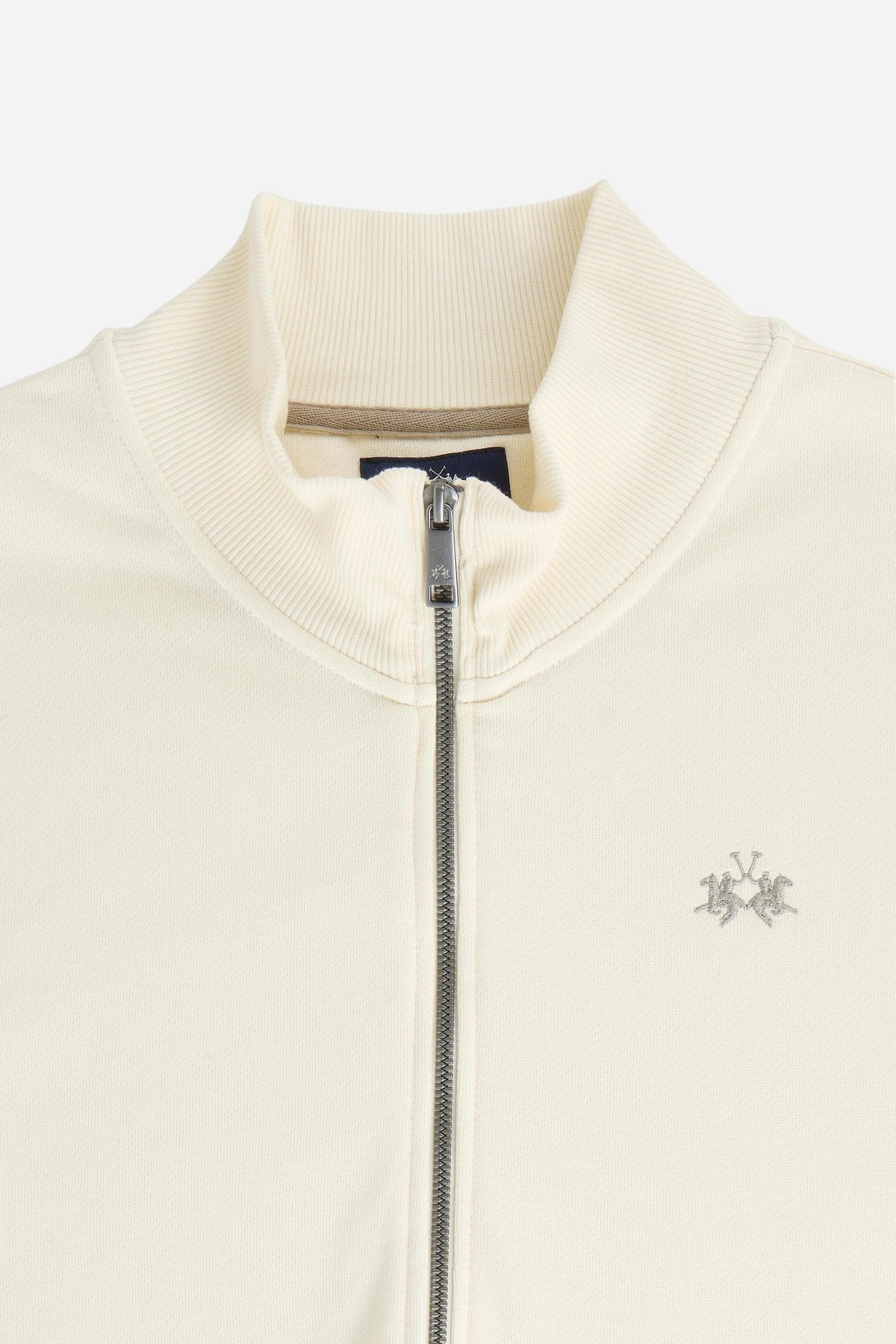 Men's 100% cotton fleece sweatshirt with a high collar, customized zipper, ribbed cuffs and hem, regular fit, and a subtle embroidered logo for comfort and style. - Pristine