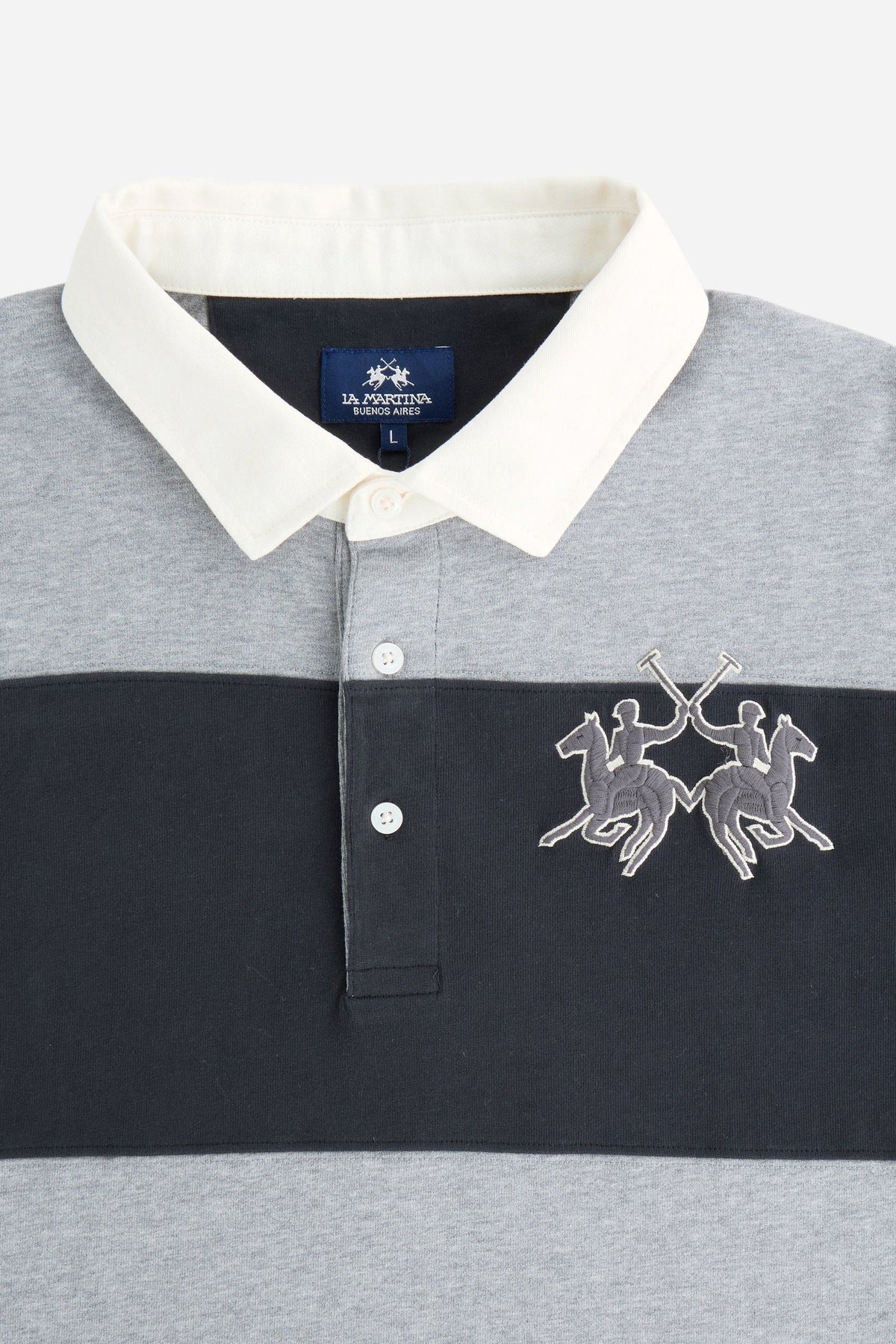 Men's long-sleeve polo made from heavy 100% cotton with a modern fit, dropped shoulders, wide rugby stripes, contrasting gabardine collar, and bold logo details. - M.H.Grey/Navy Blazer