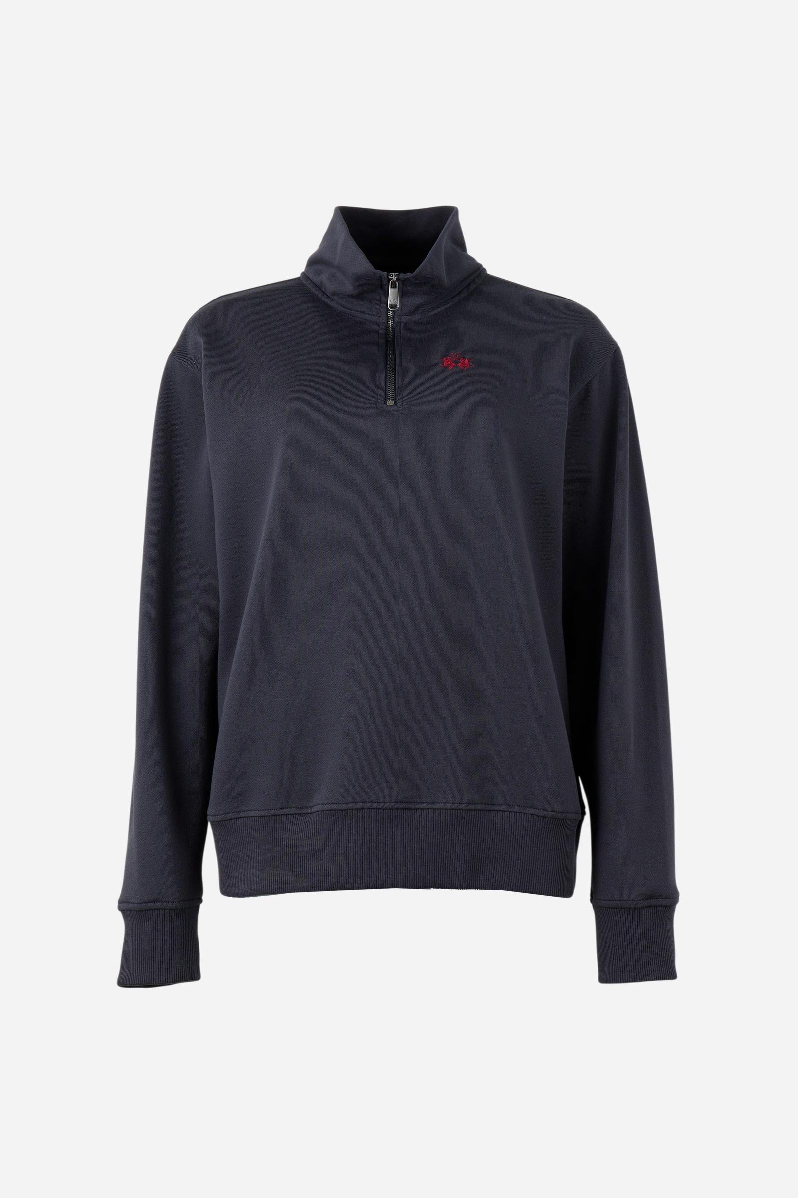 Soft, brushed cotton fleece sweatshirt with a high collar and half zipper, ribbed cuffs and hem, regular fit, and subtle embroidered logo for everyday comfort. - Navy Blazer