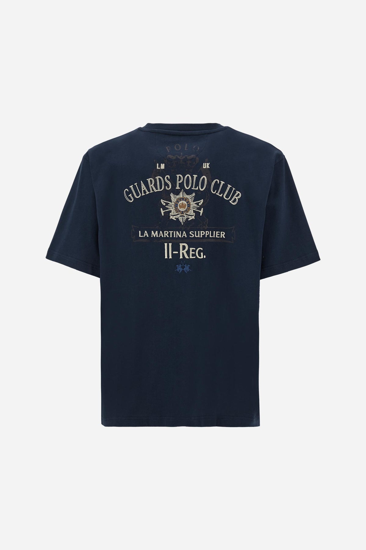 Men’s short-sleeve cotton jersey T-shirt. Crew-neck style with loose fit, chest pocket with personalised label and large multicolour Guards print on the back. - Navy