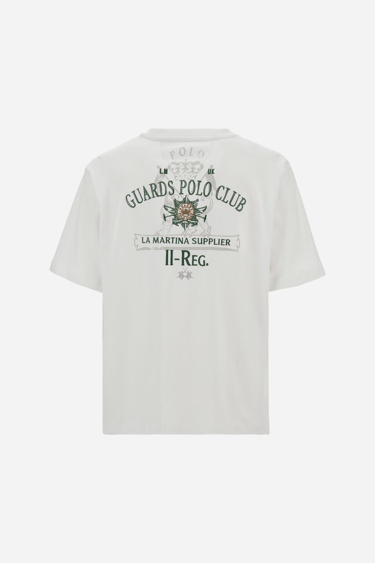 Men’s short-sleeve cotton jersey T-shirt. Crew-neck style with loose fit, chest pocket with personalised label and large multicolour Guards print on the back. - Optic White