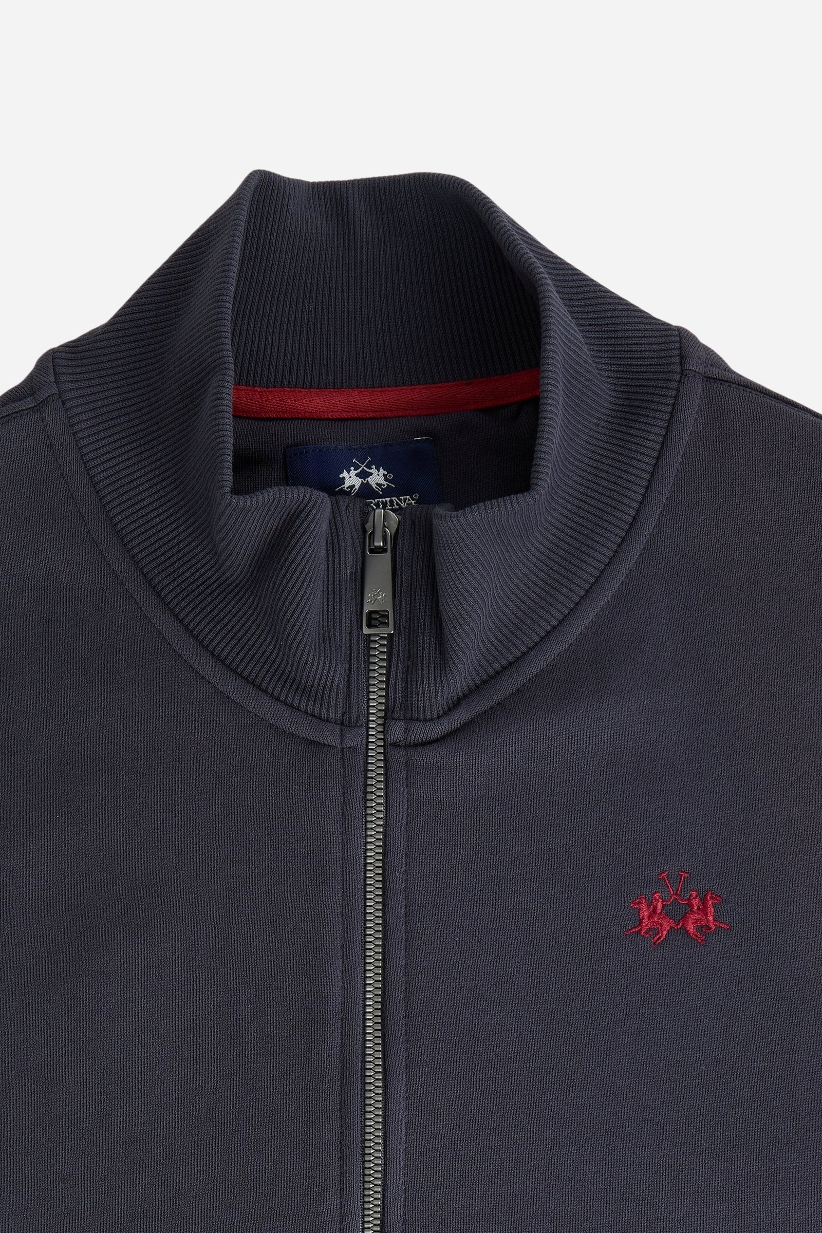 Men's 100% cotton fleece sweatshirt with a high collar, customized zipper, ribbed cuffs and hem, regular fit, and a subtle embroidered logo for comfort and style. - Navy Blazer