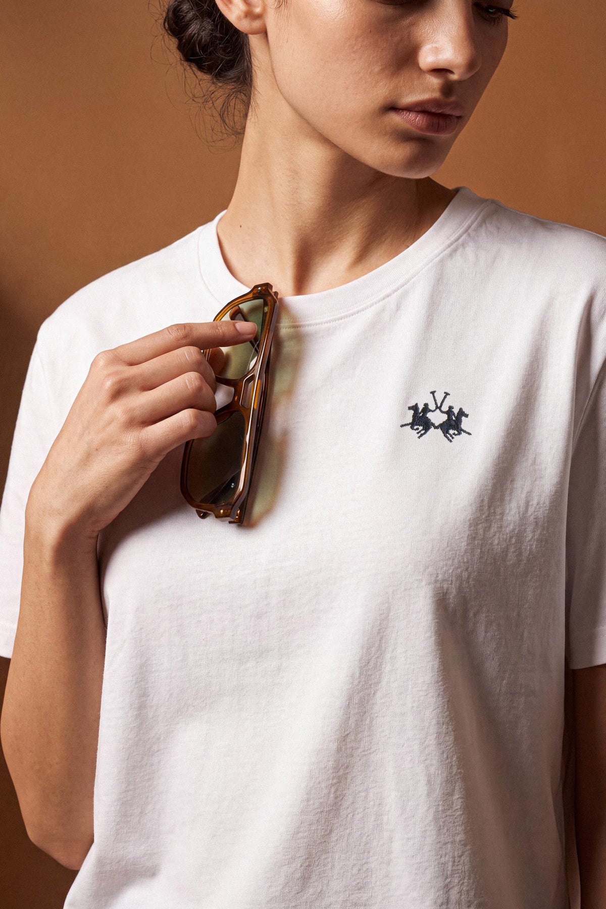 Women's short-sleeve T-shirt in 100% cotton jersey, offering a smooth feel, regular fit with subtle shaping, round neckline, and a small embroidered logo on the chest. - Optic White