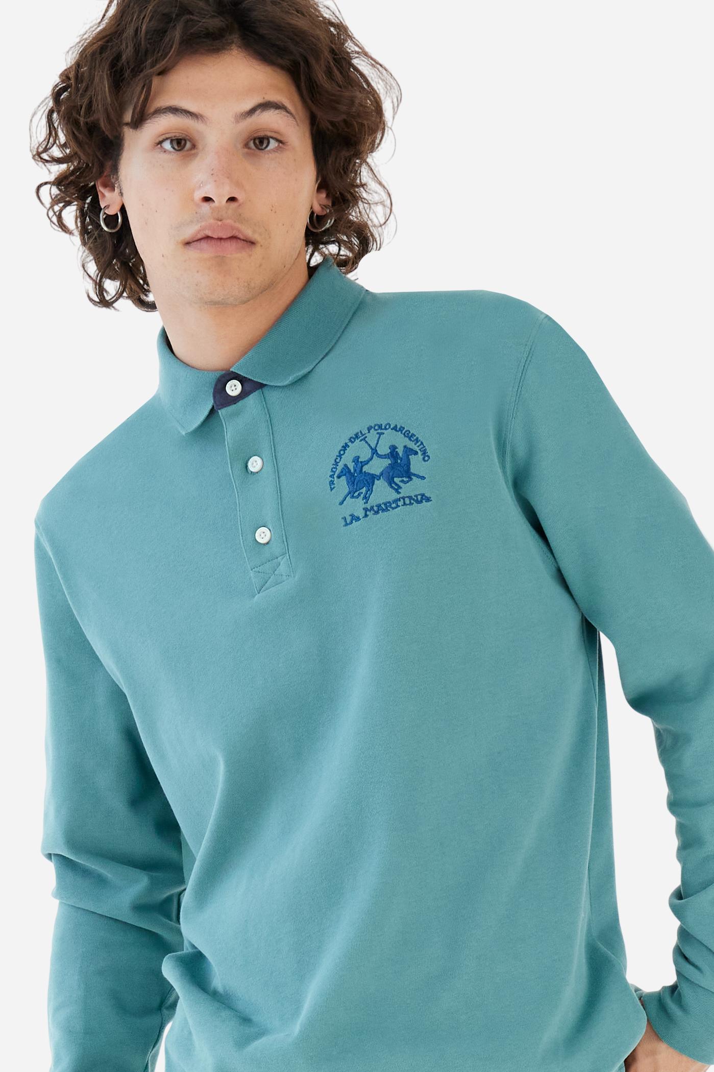 Men’s long-sleeve polo in premium soft-touch cotton jersey for a luxurious feel on the skin. Contrast gabardine details on the collar. Upper collar in tone-on-tone ribbing with printed La Martina lettering undercollar. Three customized buttons, enhanced by a multicolor striped tape on the placket. Contrast embroidered team logo on the chest. Regular fit. Model wears size L. - Sagebrush Green