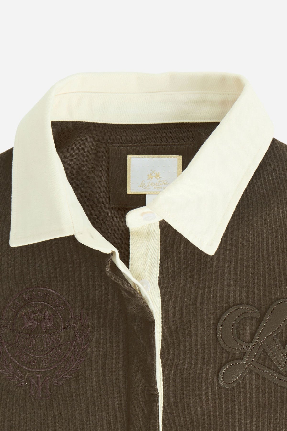 Women's long-sleeve polo in heavy-weight cotton jersey with a comfortable fit, straight cut, rugby collar, concealed front opening, embroidered crest, and LM patch. - Hot Fudge