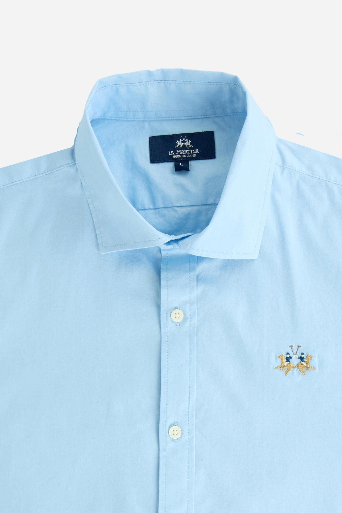Men's long-sleeve 100% cotton poplin shirt with regular fit, French collar, custom buttons, single-button cuff, and Argentina Edition labels for a refined look. - Blue Bell