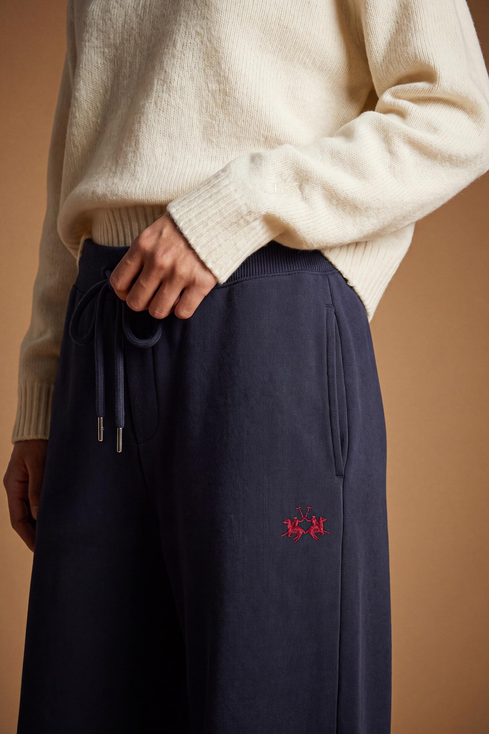 Women's pants in soft brushed cotton with an elastic waistband, adjustable drawstring, vertical side pockets, and a relaxed wide-leg fit for all-day comfort. - Navy Blazer