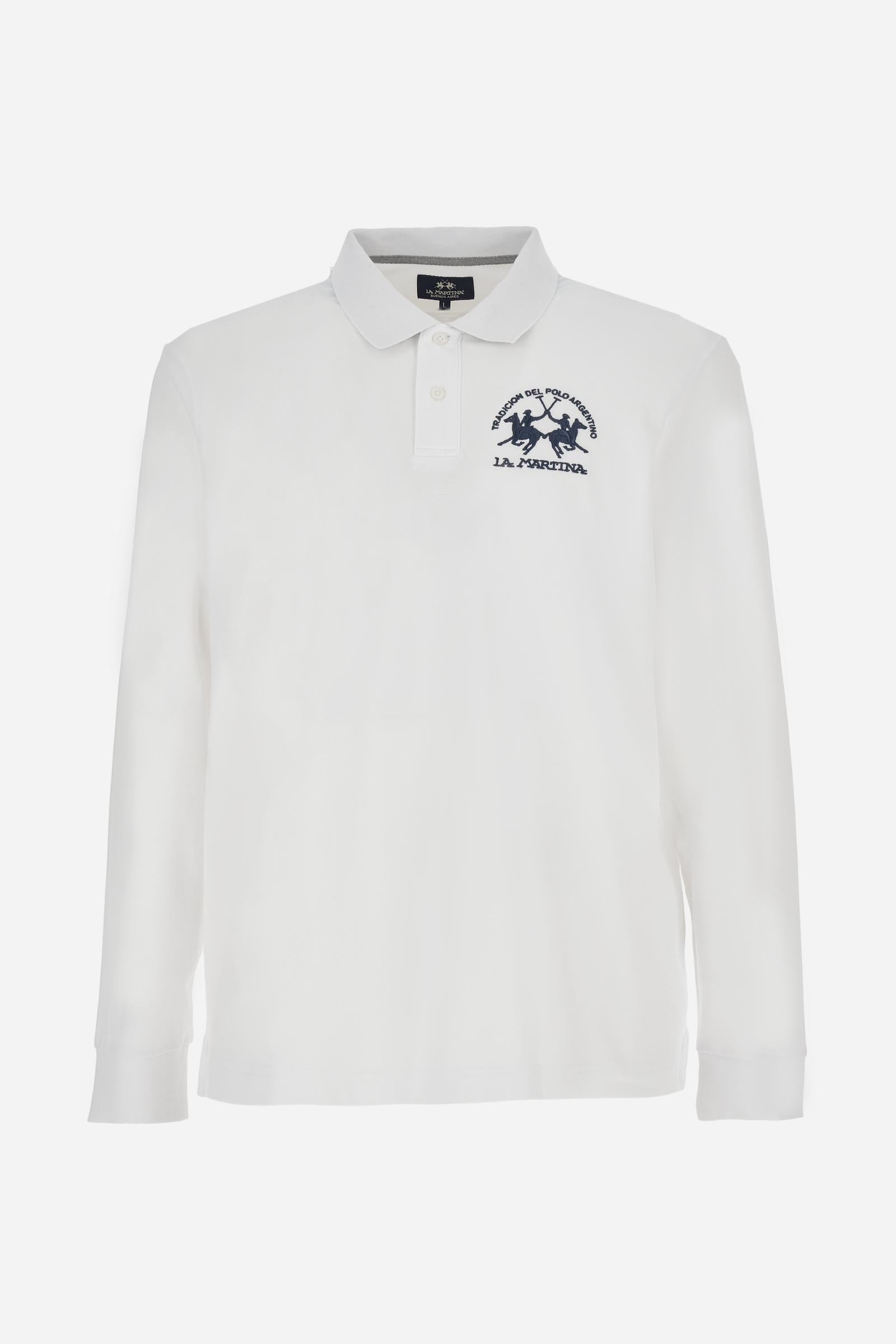 Men's long-sleeved solid colour polo shirt. Made of high-quality stretch Piqué. The collar and cuffs are in solid colour ribbing. The undercollar features a print of the iconic La Martina lettering in a contrasting colour. Featuring a logo embroidered on the chest in a contrasting colour. On the back at the bottom, the guarantee label typical of the brand's iconic models is applied. Regular fit. The model is wearing a size L. - Optic White