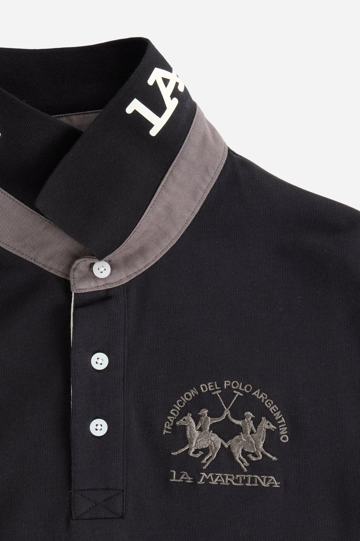 Men's long-sleeve polo in soft cotton jersey with contrasting gabardine collar, ribbed details, multicolor striped placket, and embroidered team logo for comfor - Black