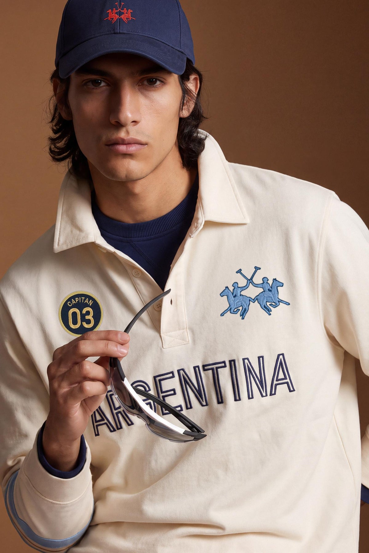 Men's long-sleeve polo in 100% high-weight cotton jersey with a contrasting gabardine collar, embroidered details, and a relaxed, contemporary fit for durable comfort. - Pristine