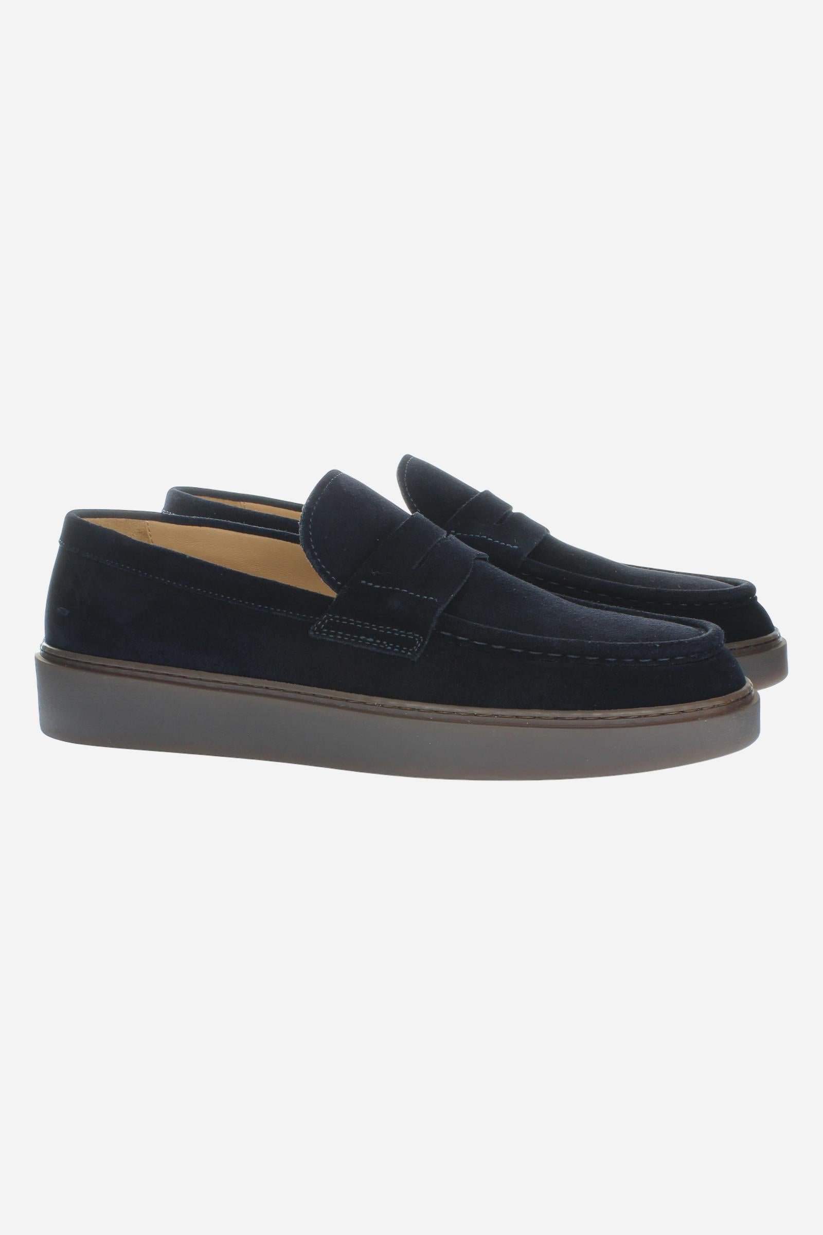 Men's suede loafer with glove stitching, embossed logo, and brown rubber sole for comfort and style. Handcrafted in Italy for casual and semi-formal wear. - Salute