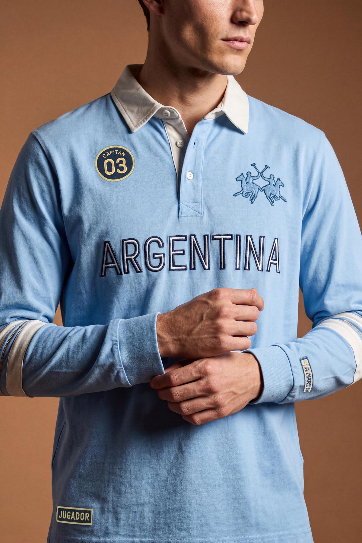 Men's long-sleeve polo in 100% high-weight cotton jersey with a contrasting gabardine collar, embroidered details, and a relaxed, contemporary fit for durable comfort. - Glacier Lake