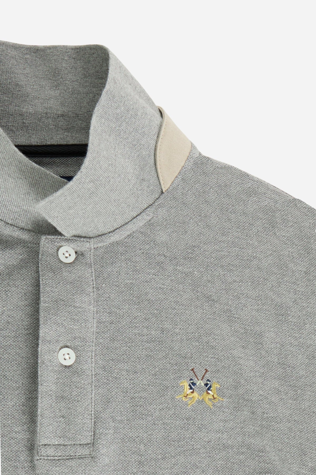 Men’s long-sleeve polo in stretch cotton piqué offers comfort, flexibility, a ribbed collar with contrasting gabardine detail, slim fit, and embroidered logo - Medium Heather Grey