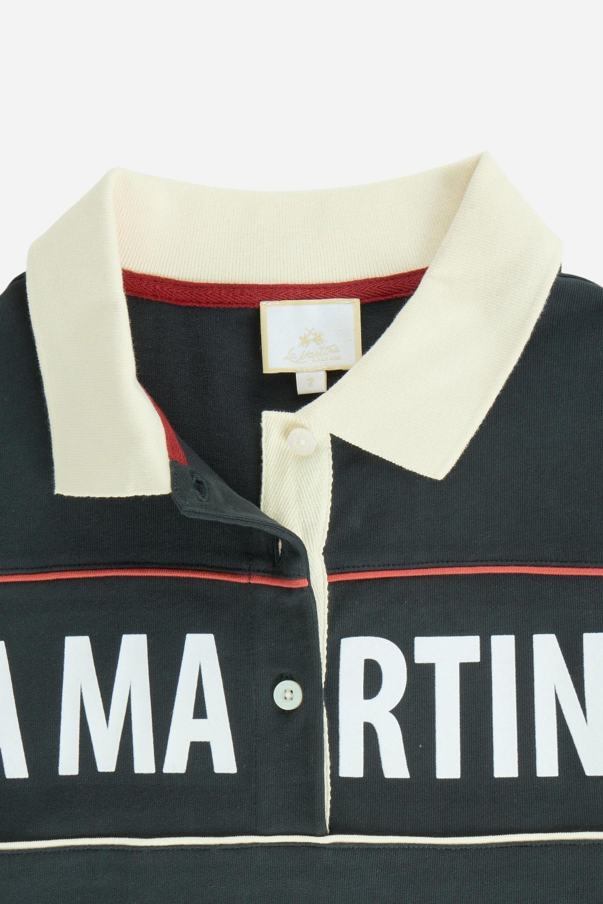 Women's long-sleeve polo made from heavyweight 100% cotton jersey, featuring a comfortable fit, contrasting collar, piping detail, printed band, and embroidered logo cuff. - Navy Blazer