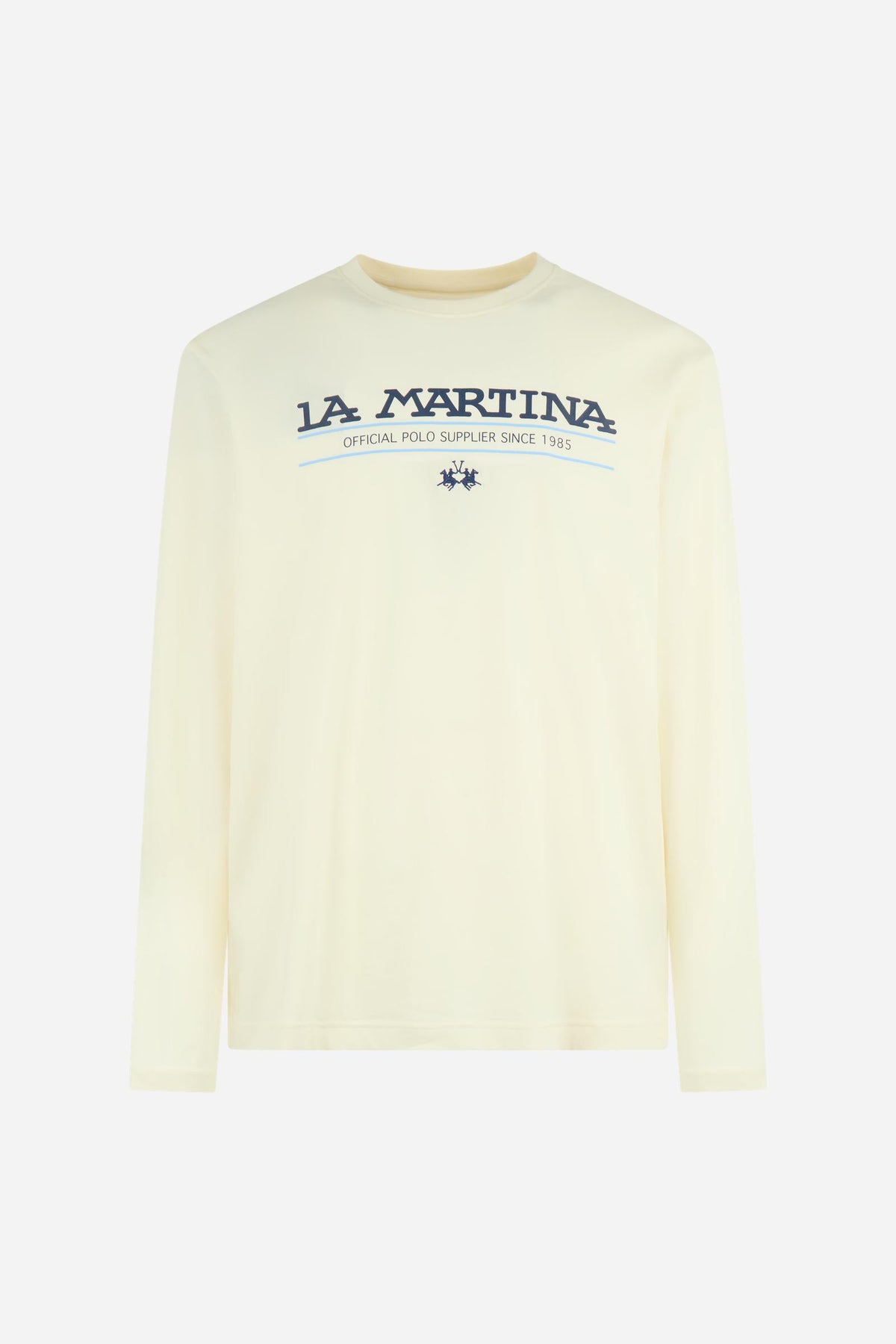 Men’s long-sleeve T-shirt in soft 100% cotton jersey with ribbed crew neck, regular fit, straight silhouette, and bold La Martina heritage print on the chest. - Pristine