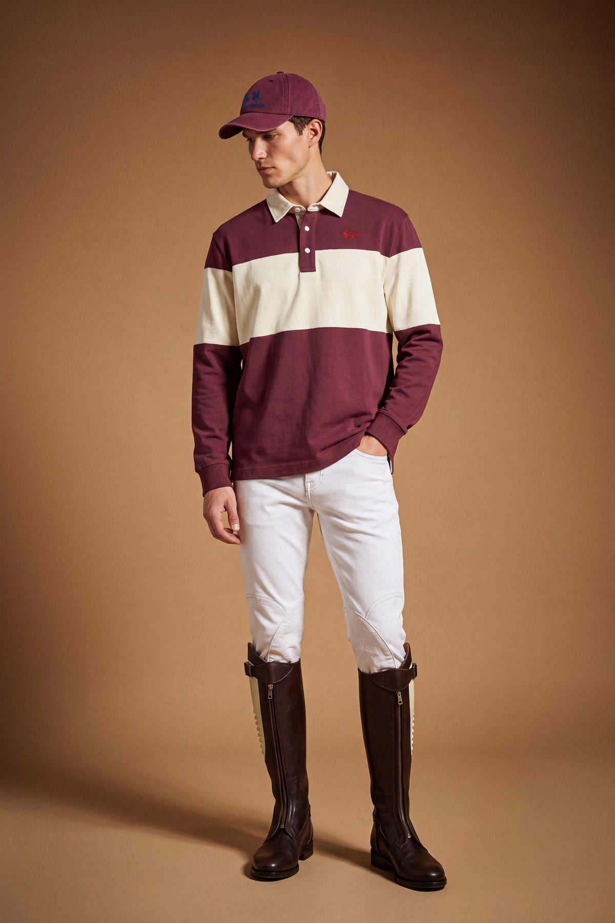 Men's long-sleeve polo in heavy 100% cotton jersey with two-tone collegiate color block, rugby construction, contrasting collar, and embroidered logo for comfor - Port Royale/Pristine