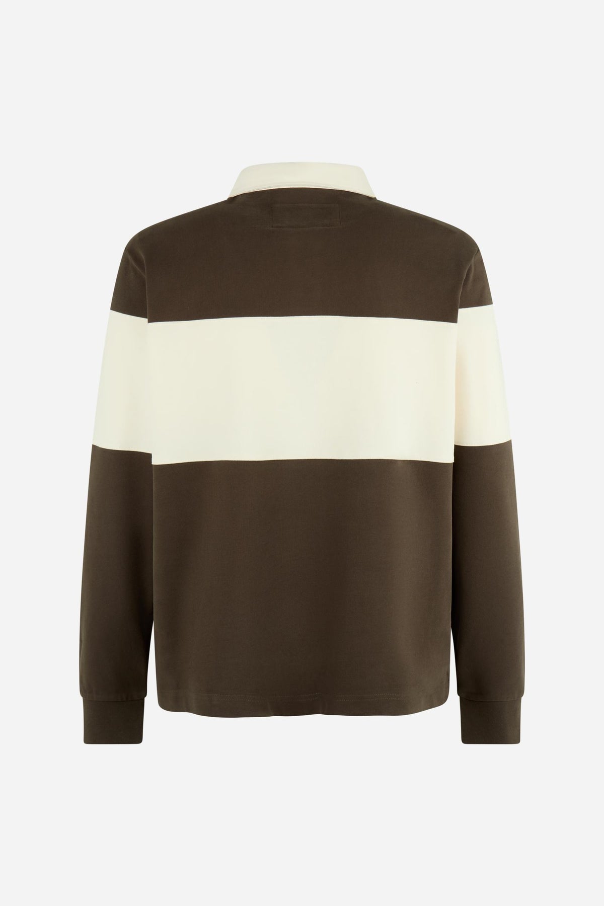 Men's long-sleeve polo in heavy 100% cotton jersey with two-tone collegiate color block, rugby construction, contrasting collar, and embroidered logo for comfor - HotFudge/Pristine