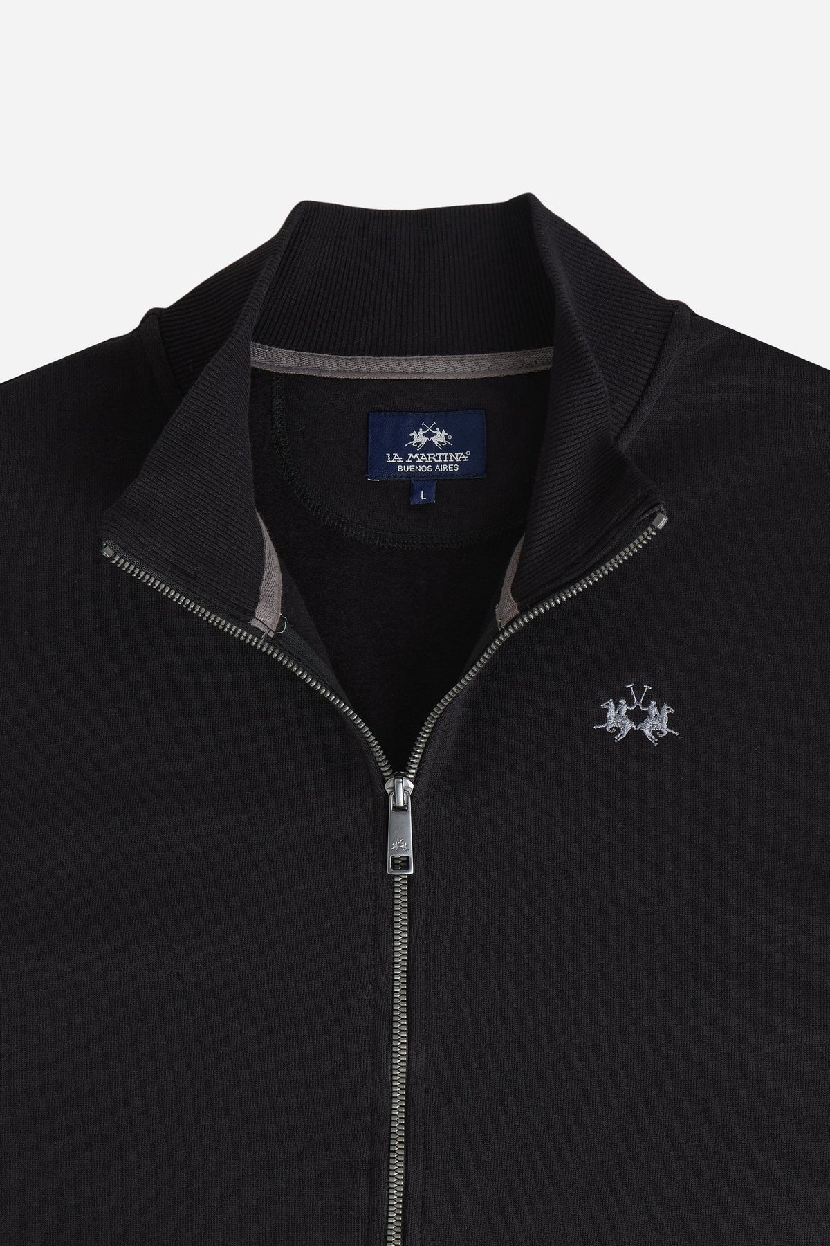 Men's 100% cotton fleece sweatshirt with a high collar, customized zipper, ribbed cuffs and hem, regular fit, and a subtle embroidered logo for comfort and style. - Black