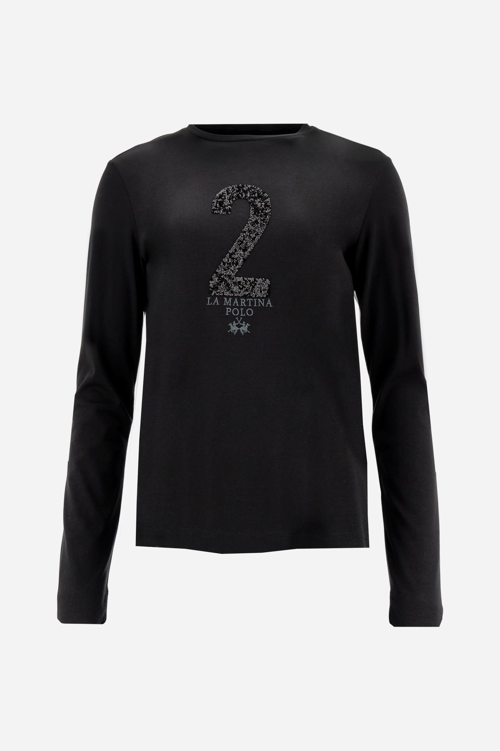 Women’s long-sleeve crew-neck T-shirt in 100% cotton jersey. The smooth, fluid fabric feels silky on the skin. On the chest, a large sequin patch number is paired with brand-identifying embroidered lettering, while a small logo is embroidered underneath. Regular fit for a versatile piece that combines simplicity with subtle glamour. Model wears size 2. - Black