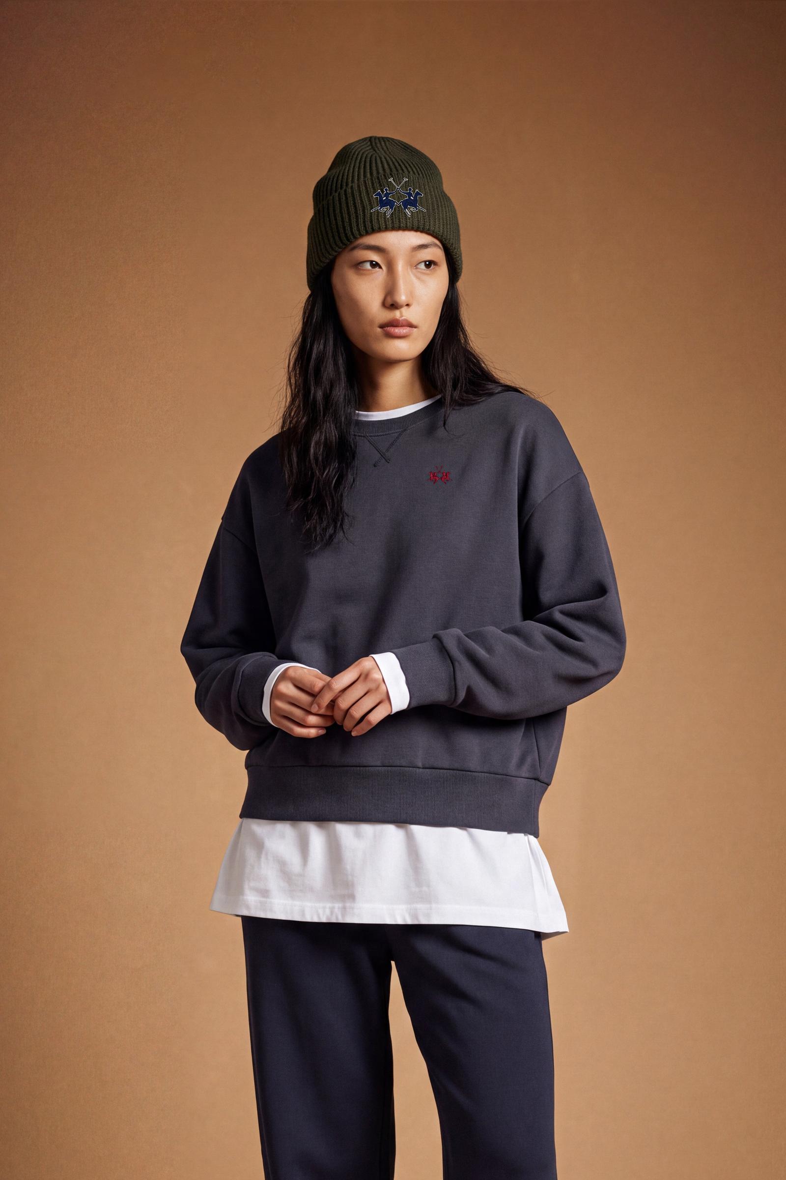 Soft brushed cotton fleece sweatshirt with ribbed crew neck, cuffs, and hem. Comfortable regular fit with contrasting sweatband and subtle embroidered logo. - Navy Blazer