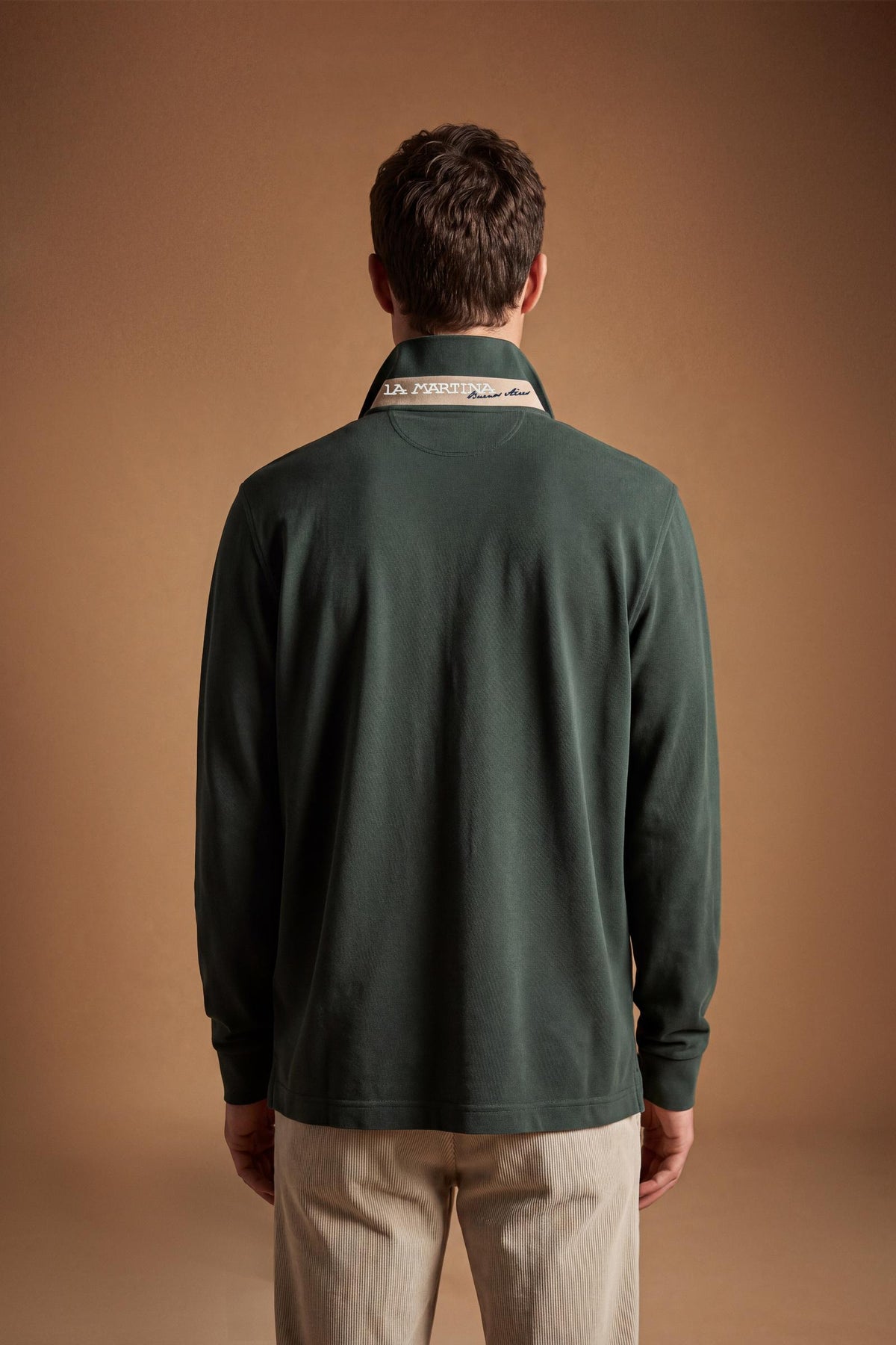 Men’s long-sleeve polo in stretch cotton piqué offers comfort, flexibility, a ribbed collar with contrasting gabardine detail, slim fit, and embroidered logo - Sycamore