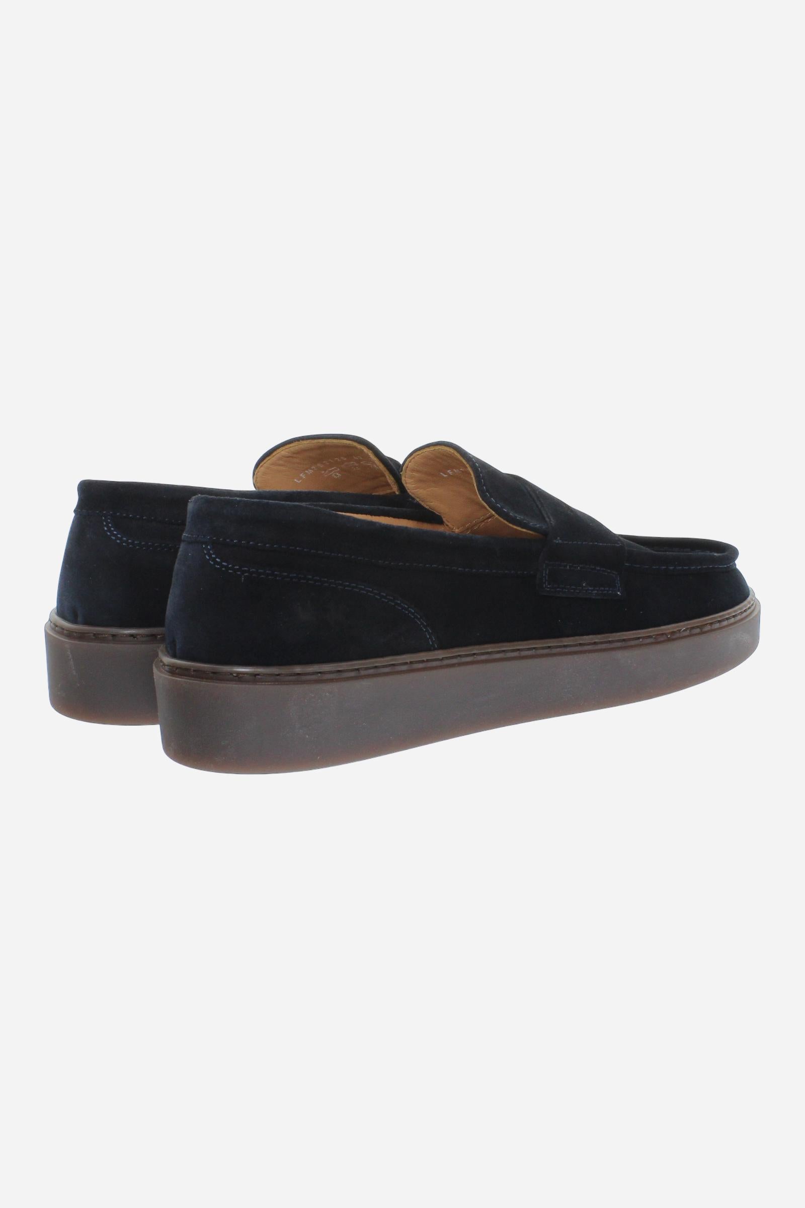 Men's suede loafer with glove stitching, embossed logo, and brown rubber sole for comfort and style. Handcrafted in Italy for casual and semi-formal wear. - Salute