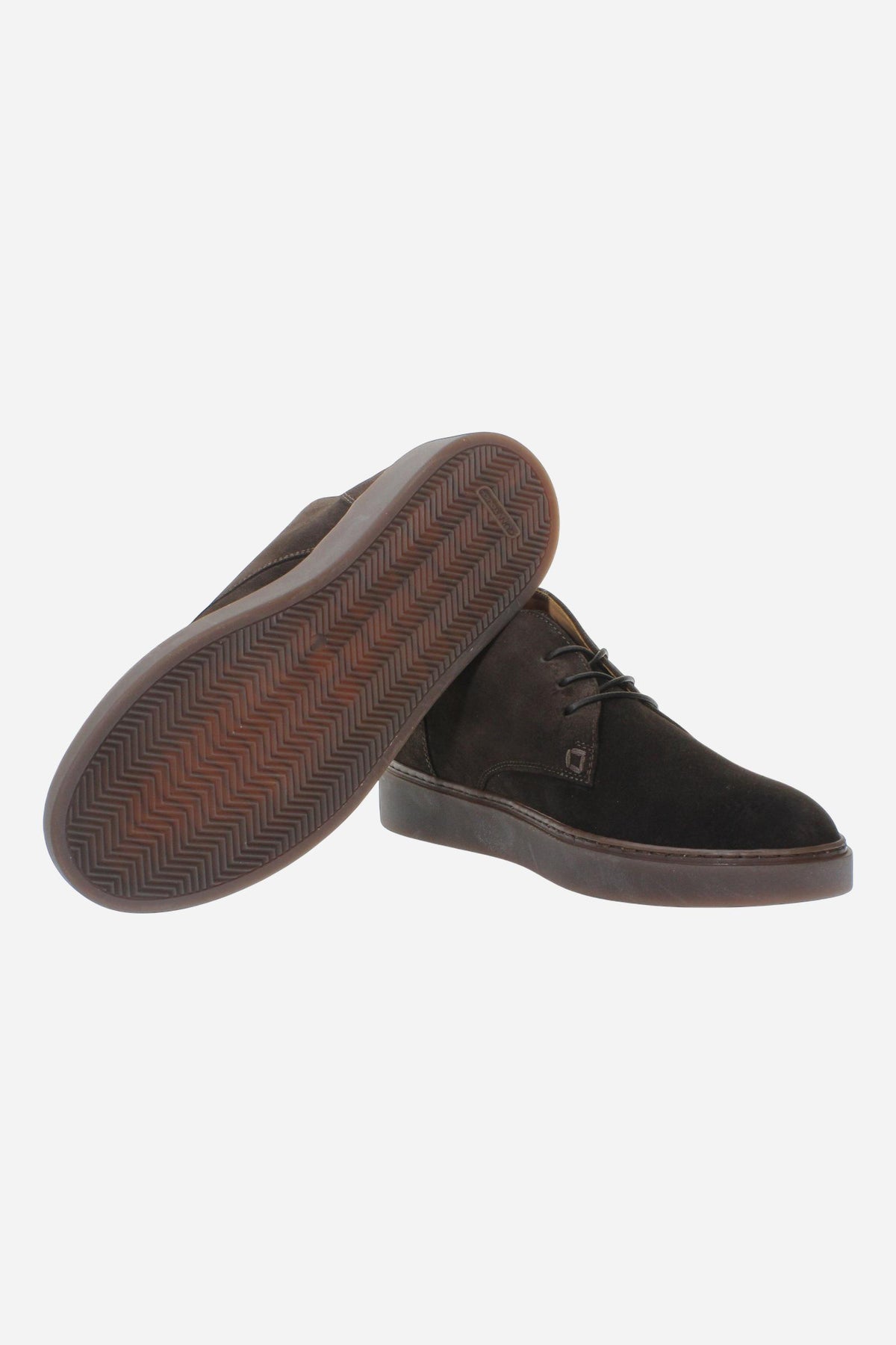 Men’s high-top suede shoes with visible stitching, embossed logo, and brown rubber sole for comfort and style. Crafted in Italy for casual and semi-formal wear. - Dark Brown