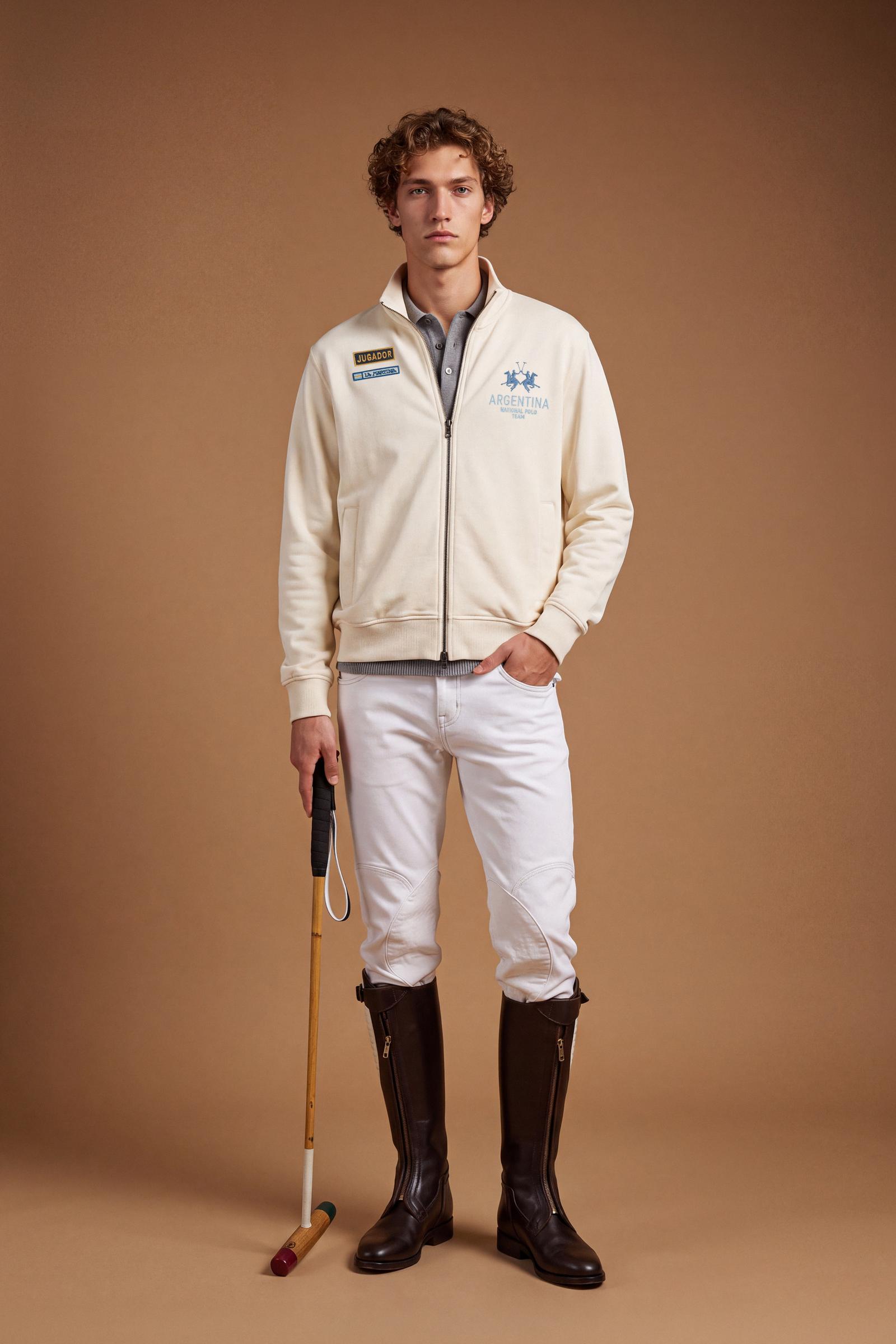 Men's long-sleeve sweatshirt in brushed cotton fleece with high collar, double-slider zipper, ribbed cuffs, embroidered Argentina Polo Team graphic, and side pockets. - Pristine