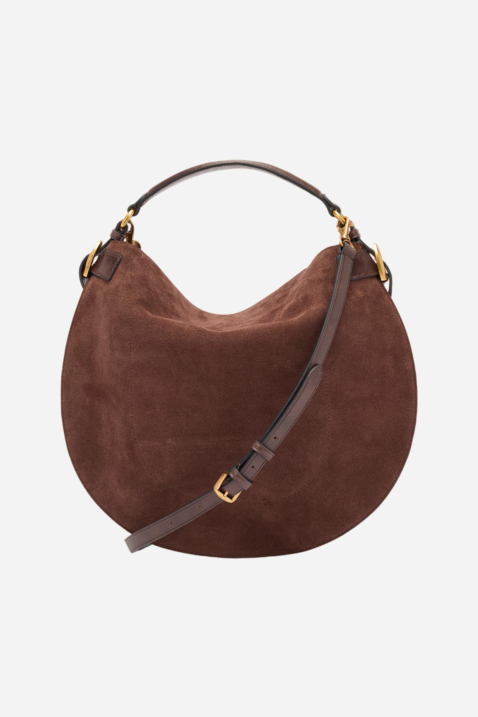 Large hobo bag crafted from solid-colour suede. Contrasting leather inserts on the sides recall traditional craftsmanship. Structured handle and detachable leather shoulder strap, both in a contrasting hue. Gold-tone engraved logo plaque on the lower front. Dimensions:25 x 28 x 6 - D.BROWN/D.CHOCOLATE