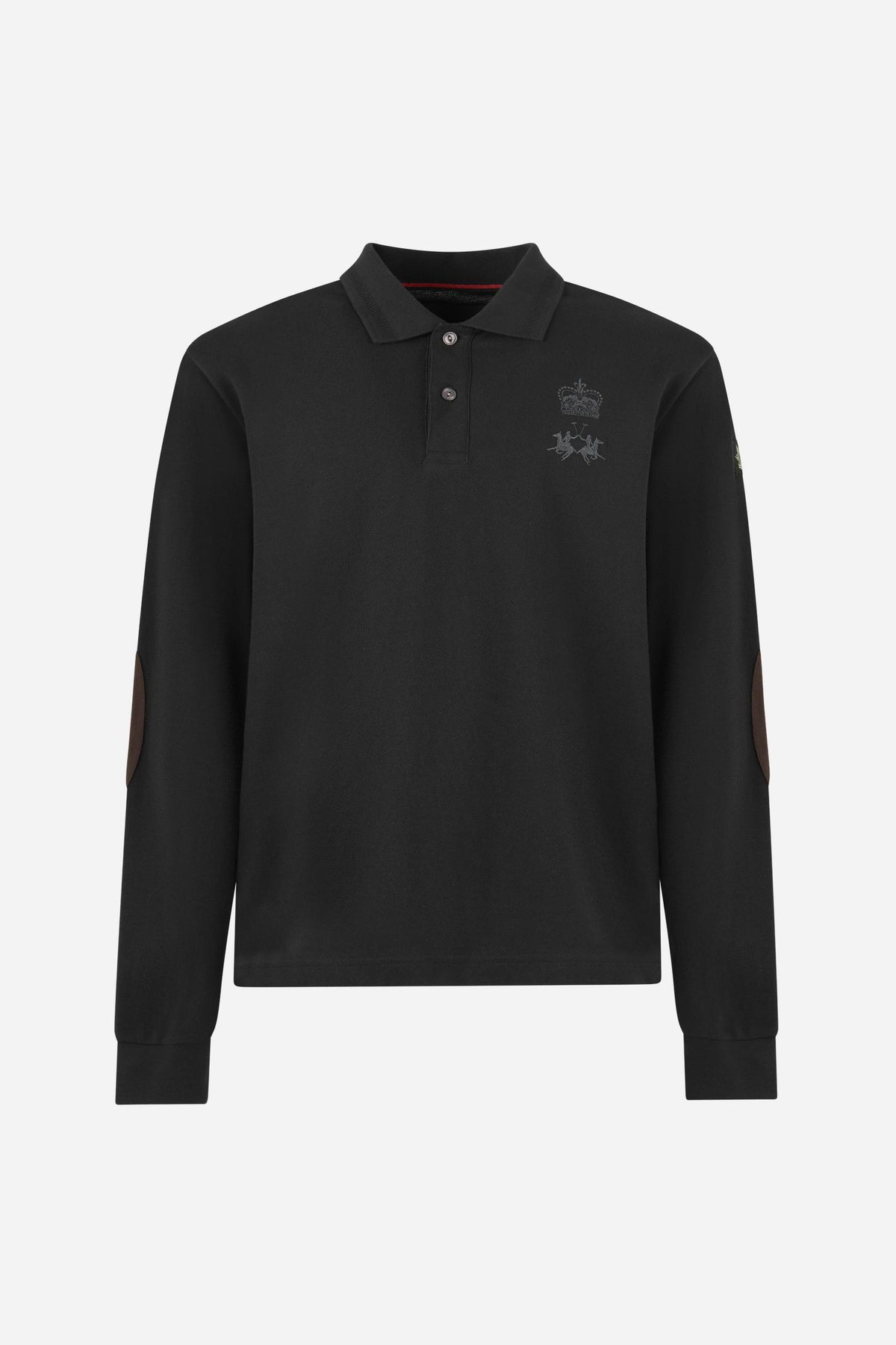 Men's long-sleeve cotton piqué polo with ribbed collar and cuffs, reinforced elbow patches, embroidered details, and a comfortable regular fit for lasting style. - Black