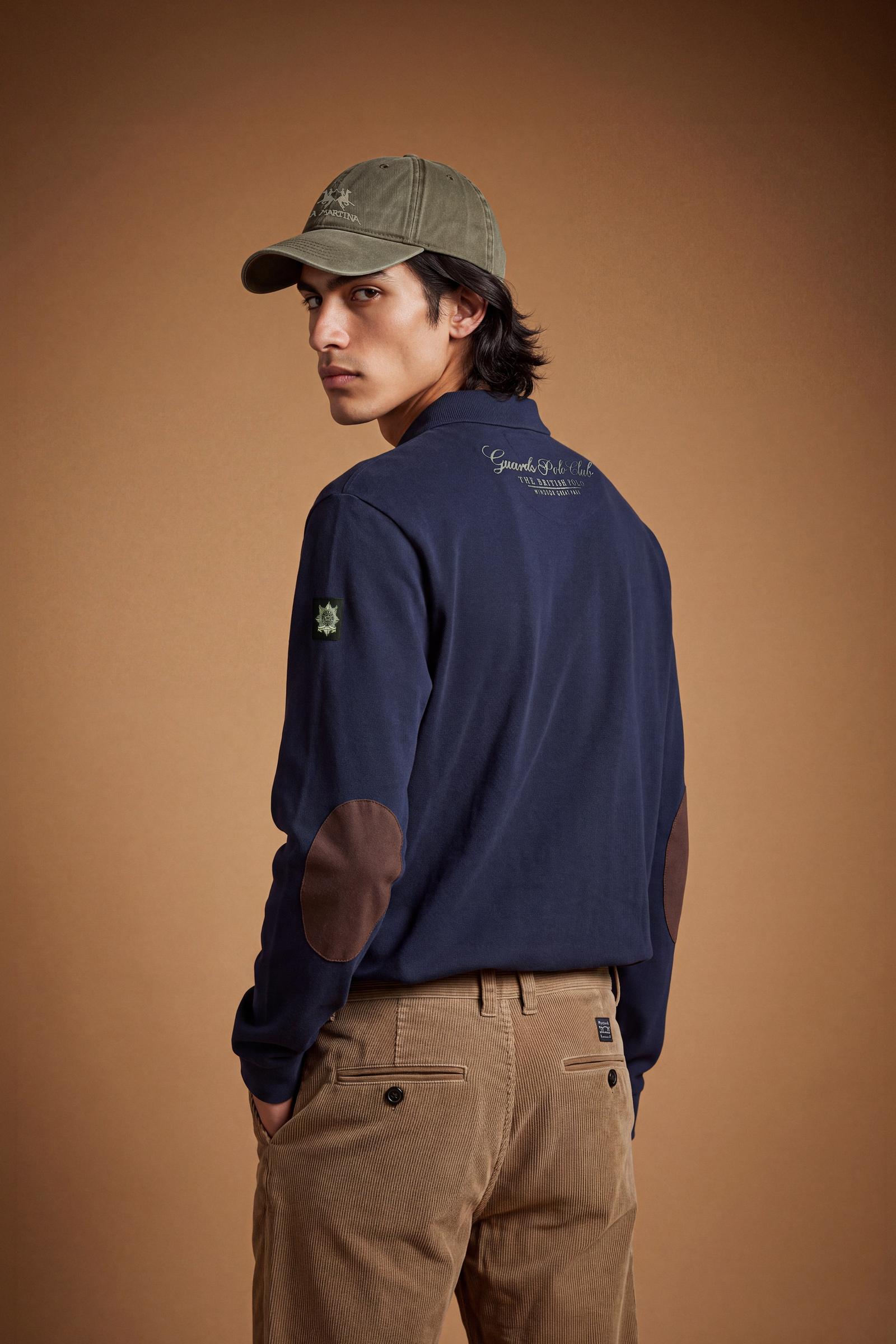 Men's long-sleeve cotton piqué polo with ribbed collar and cuffs, reinforced elbow patches, embroidered details, and a comfortable regular fit for lasting style. - Navy Blazer