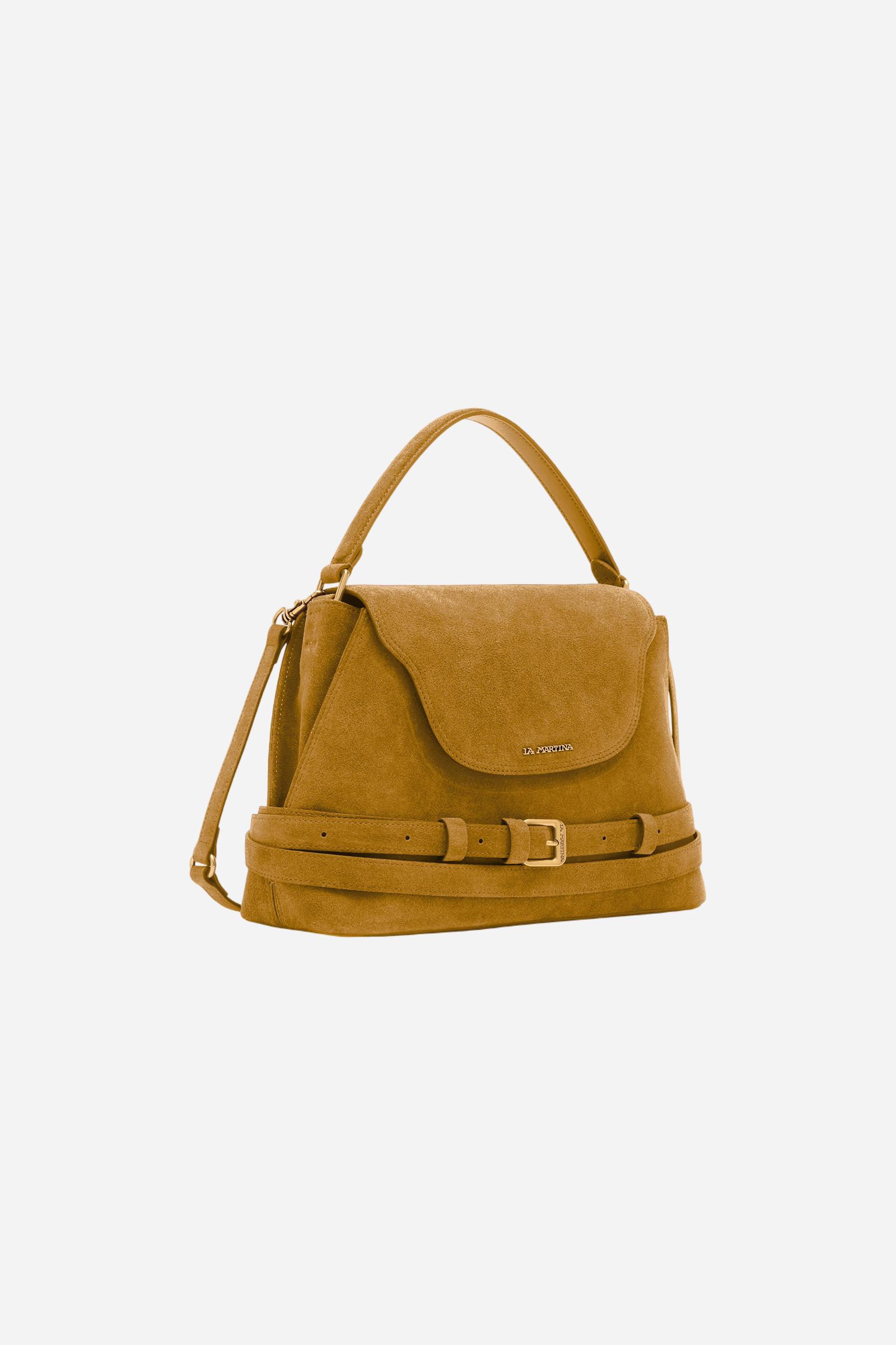 Trapeze tote bag in suede. Elegant and sophisticated, with flap closure, rigid handle and removable strap. - Honey