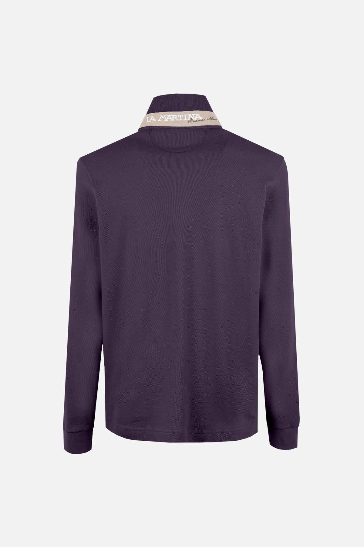 Men’s long-sleeve polo in stretch cotton piqué offers comfort, flexibility, a ribbed collar with contrasting gabardine detail, slim fit, and embroidered logo - Astral Aura