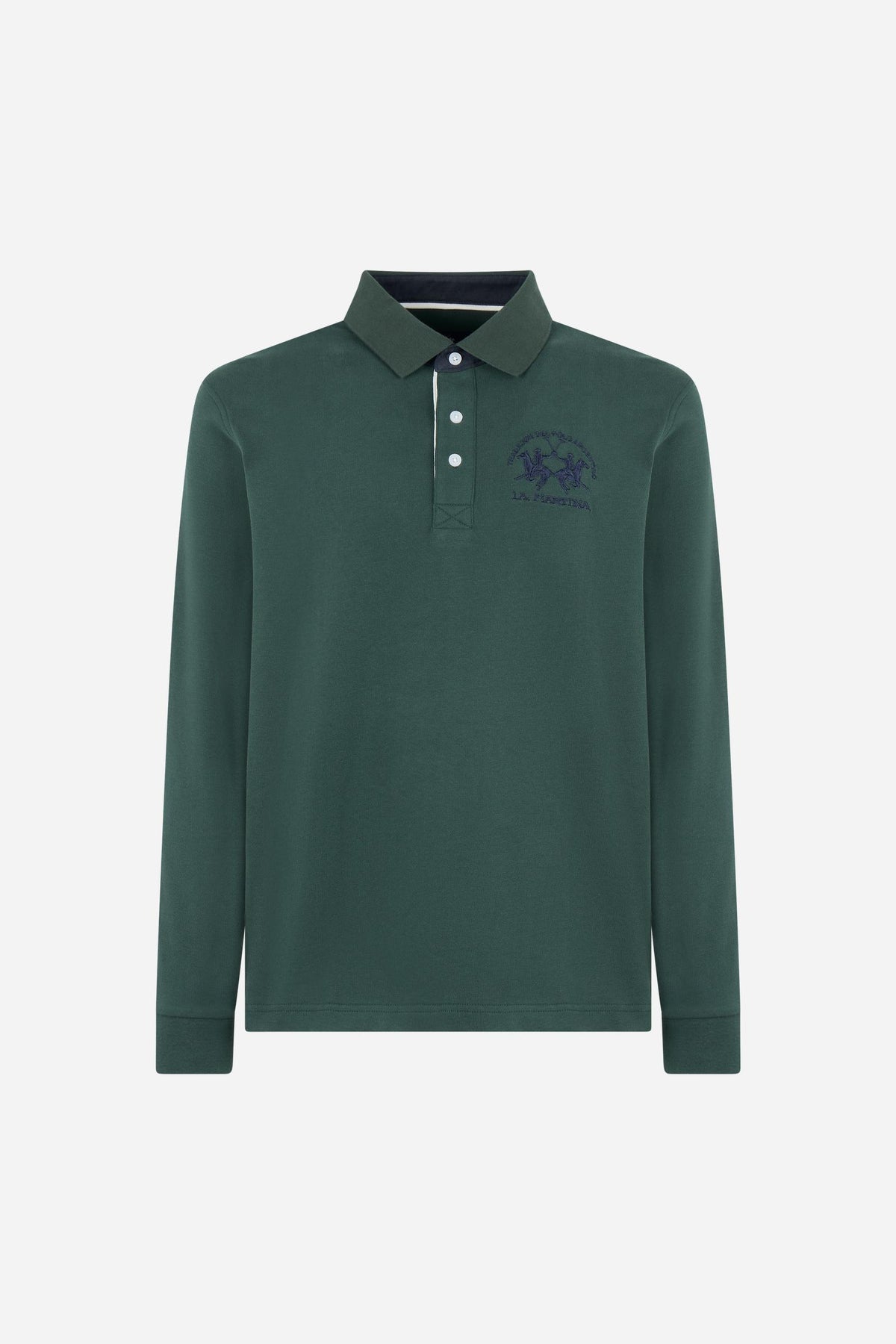 Men's long-sleeve polo in soft cotton jersey with contrasting gabardine collar, ribbed details, multicolor striped placket, and embroidered team logo for comfor - Sycamore
