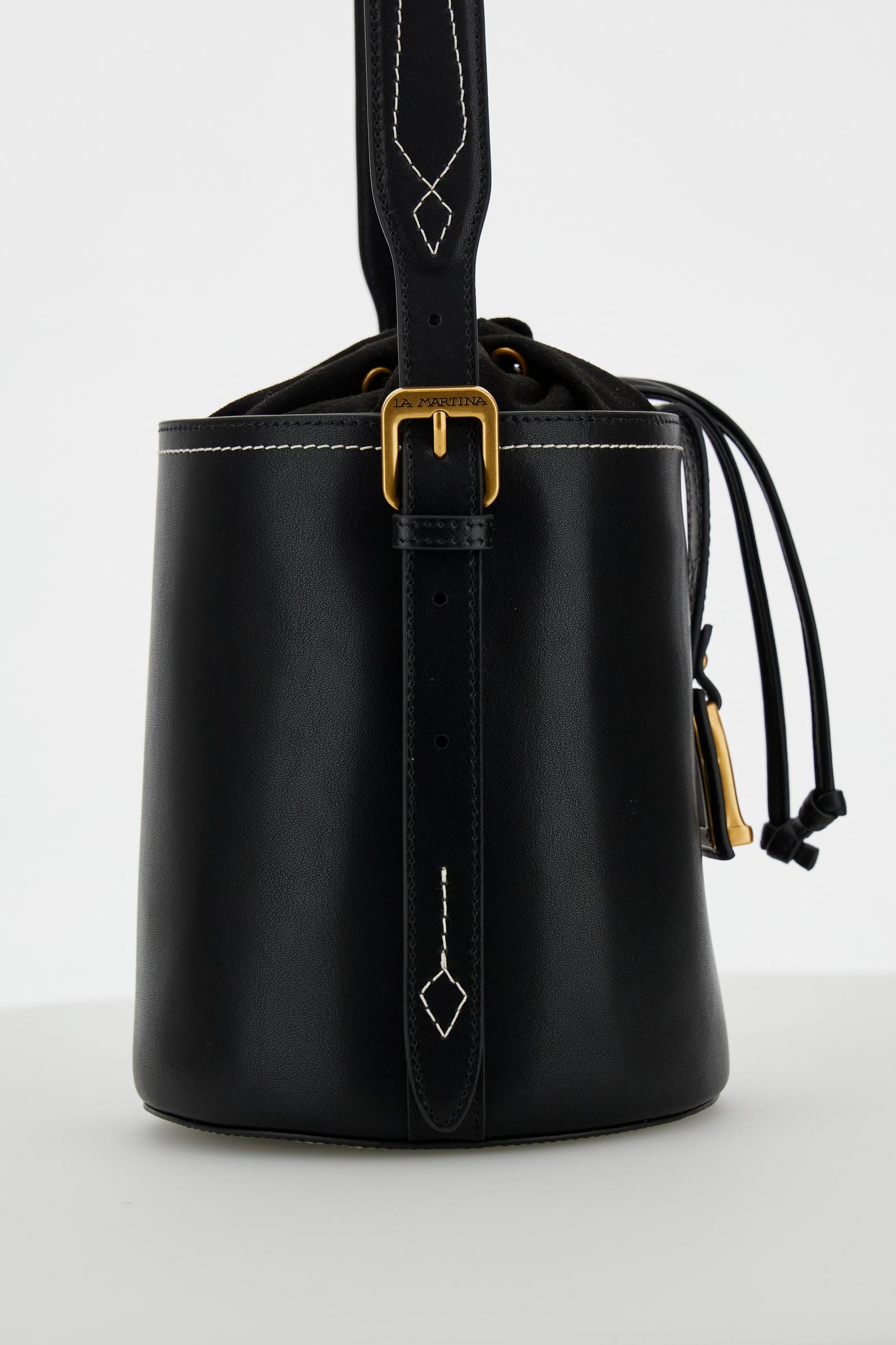 Structured bucket bag in soft calfskin with gold maxi logo buckle on the front, featuring a clean and refined design. - Black