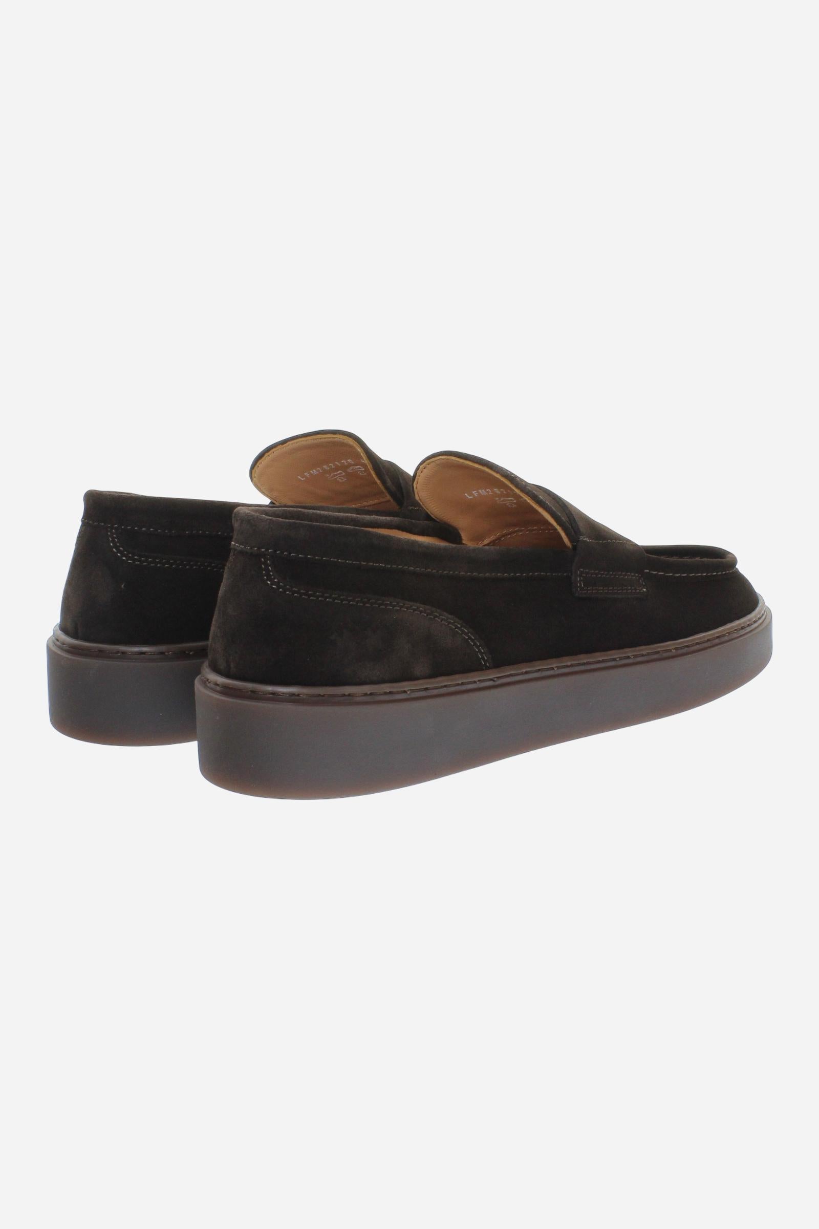 Men's suede loafer with glove stitching, embossed logo, and brown rubber sole for comfort and style. Handcrafted in Italy for casual and semi-formal wear. - Dark Brown